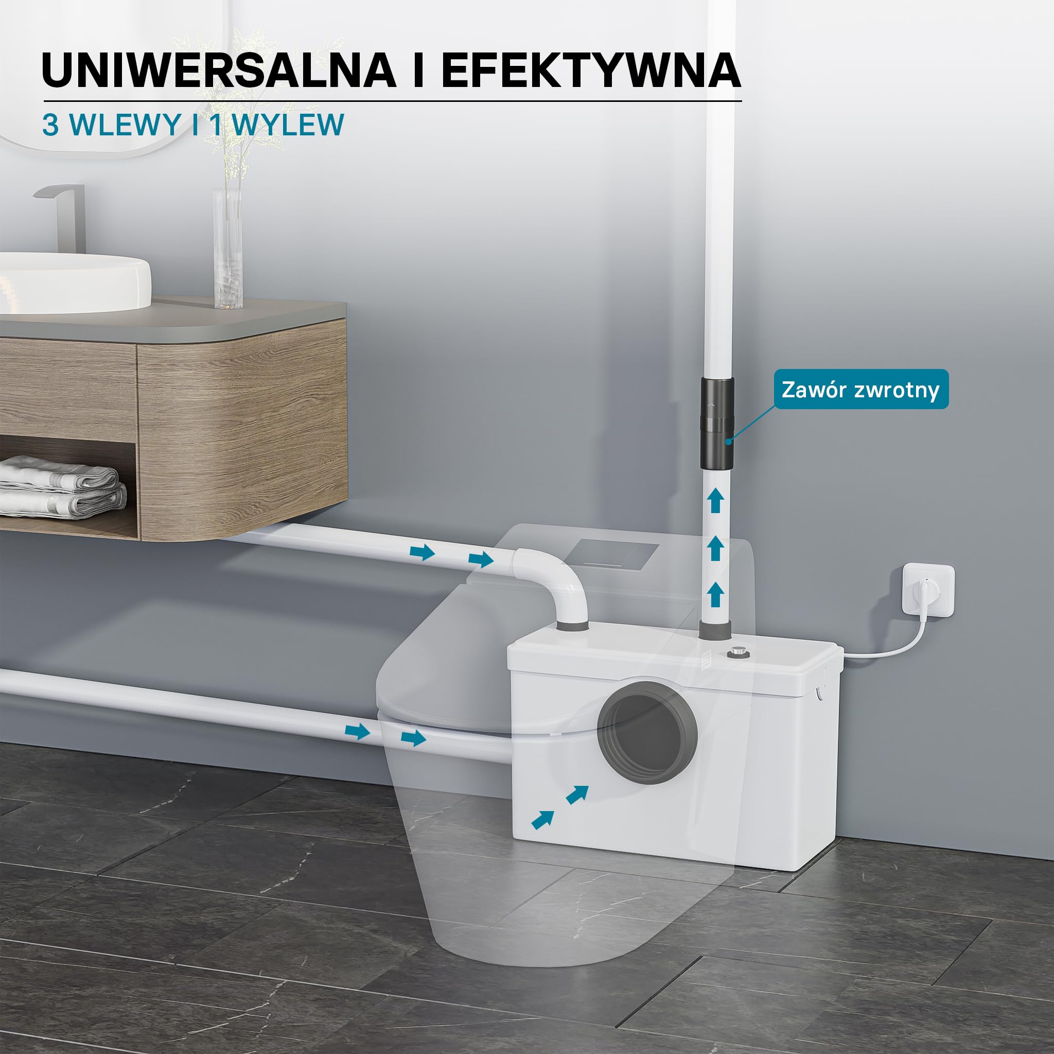 Wiltec Mała pompa ściekowa 600 W z rozdrabniaczem, wysokość podnoszenia 10 m, 3 wloty, do WC i prysznica