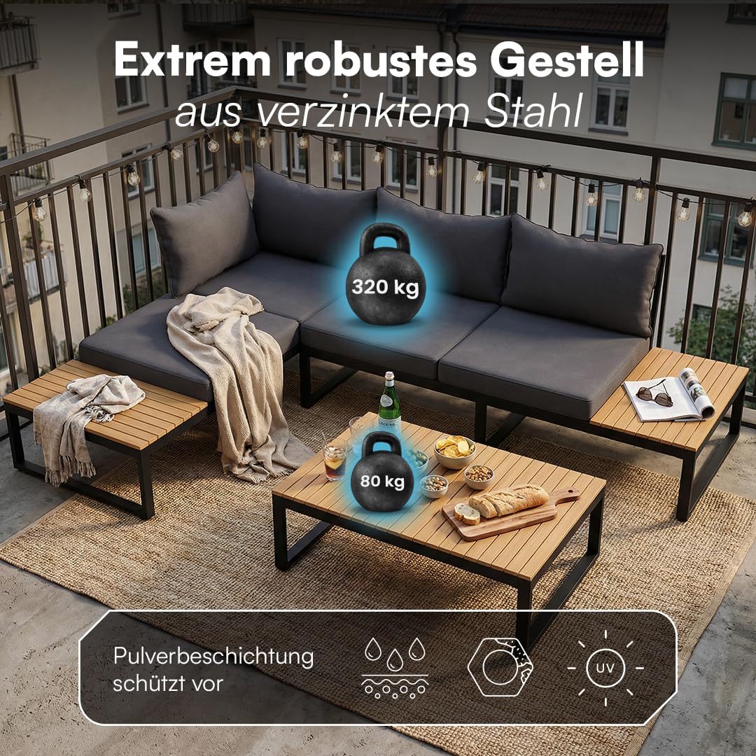 STEELSØN Zandra Gartenlounge Outdoor – modulares Gartenmöbel Set mit Ecksofa & Tisch wetterfest – Balkonmöbel aus Akazien Holz & Stahl mit Kissen in schwarz – Loungemöbel für Garten/Terasse/Balkon