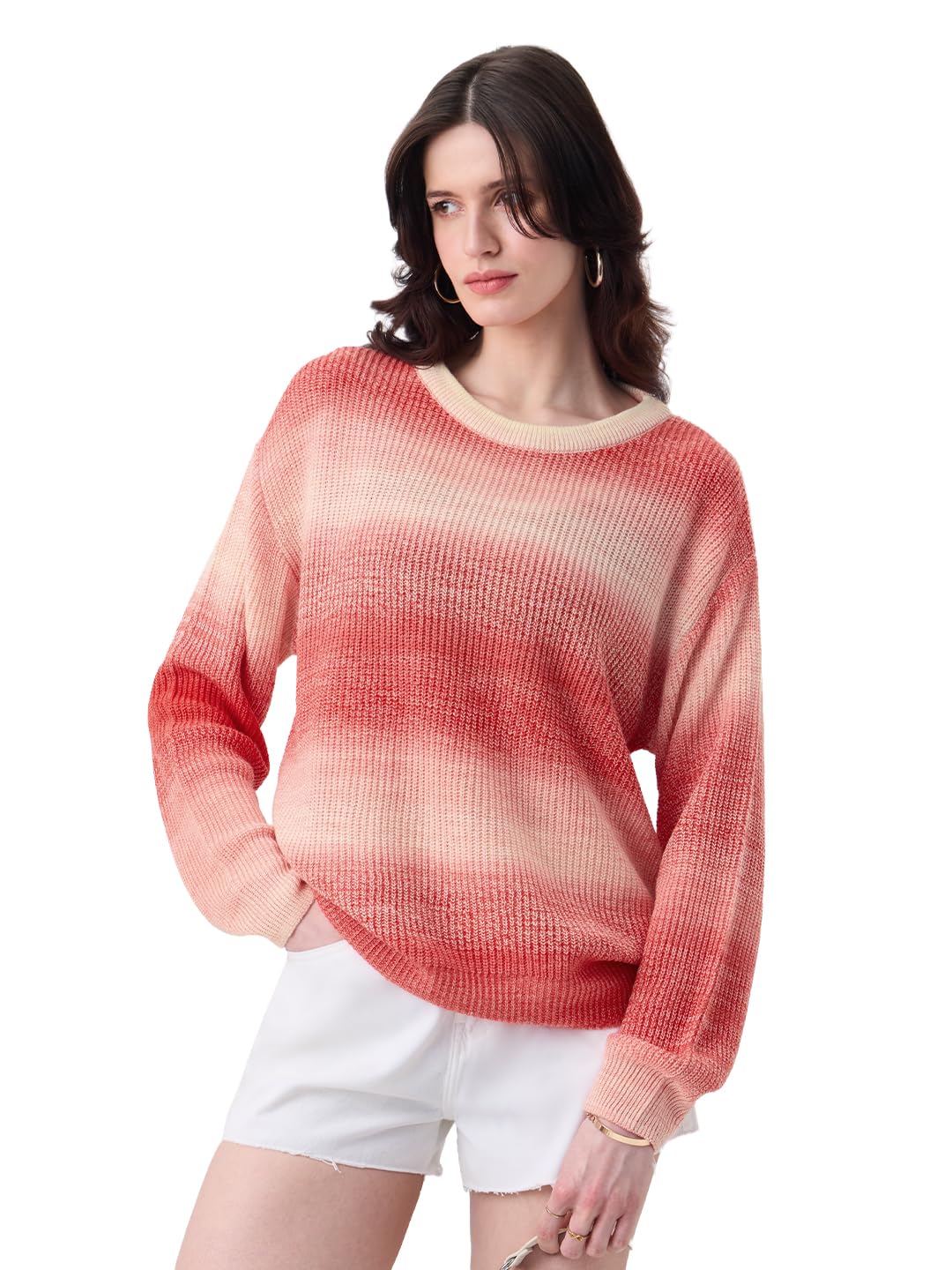 the souled store Ombre Sweater: Snowberry Women and Girls Full Sleeves Round Neck Light Pink Ombre Gradient Acrylic Oversized Fit Lightweight Casual Pullover Sweater-picture-26