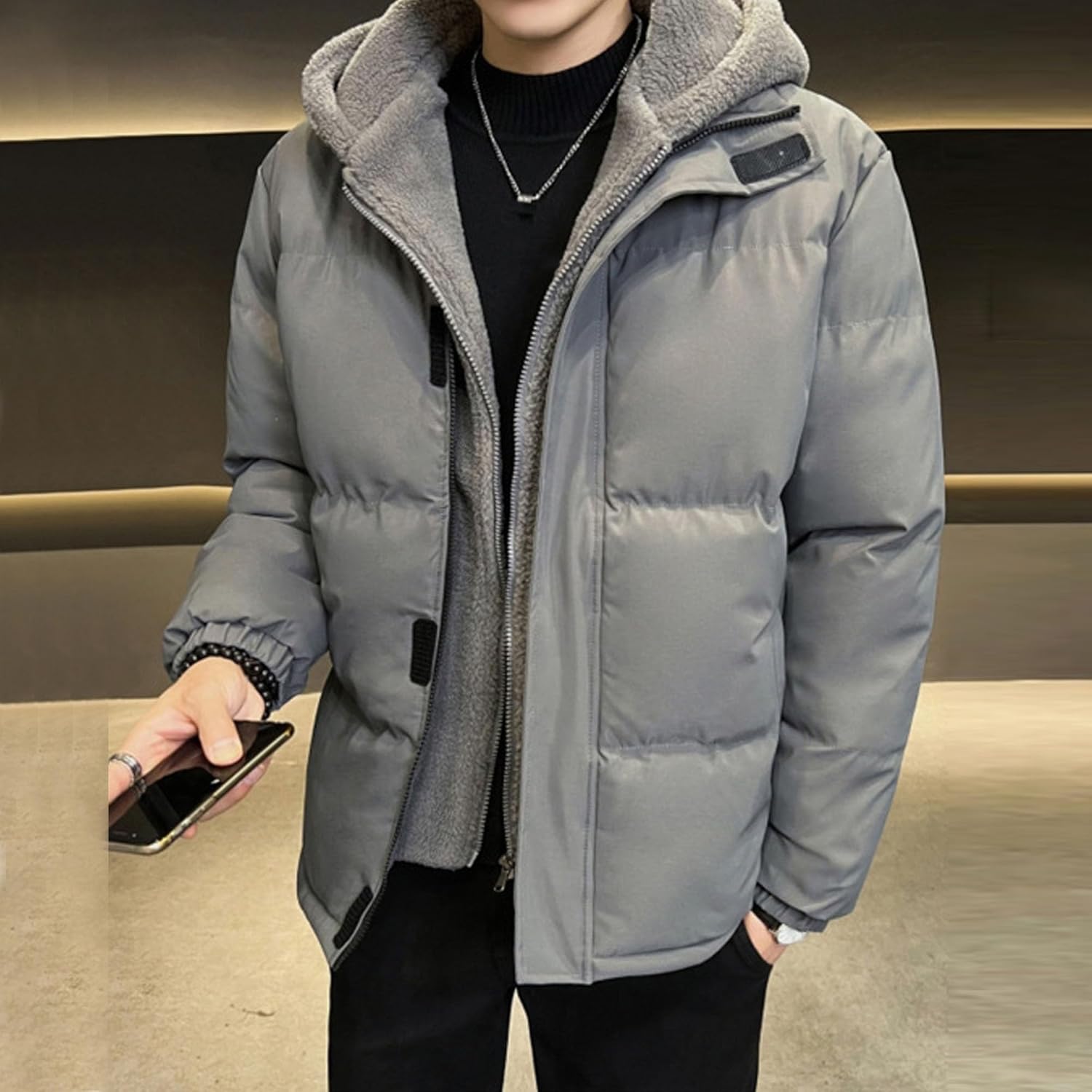 Men Fake 2 Piece Polar Fleece Down Coat Classic Hooded Zipper Cotton Jacket Winter Comfy Casual Down Outerwear