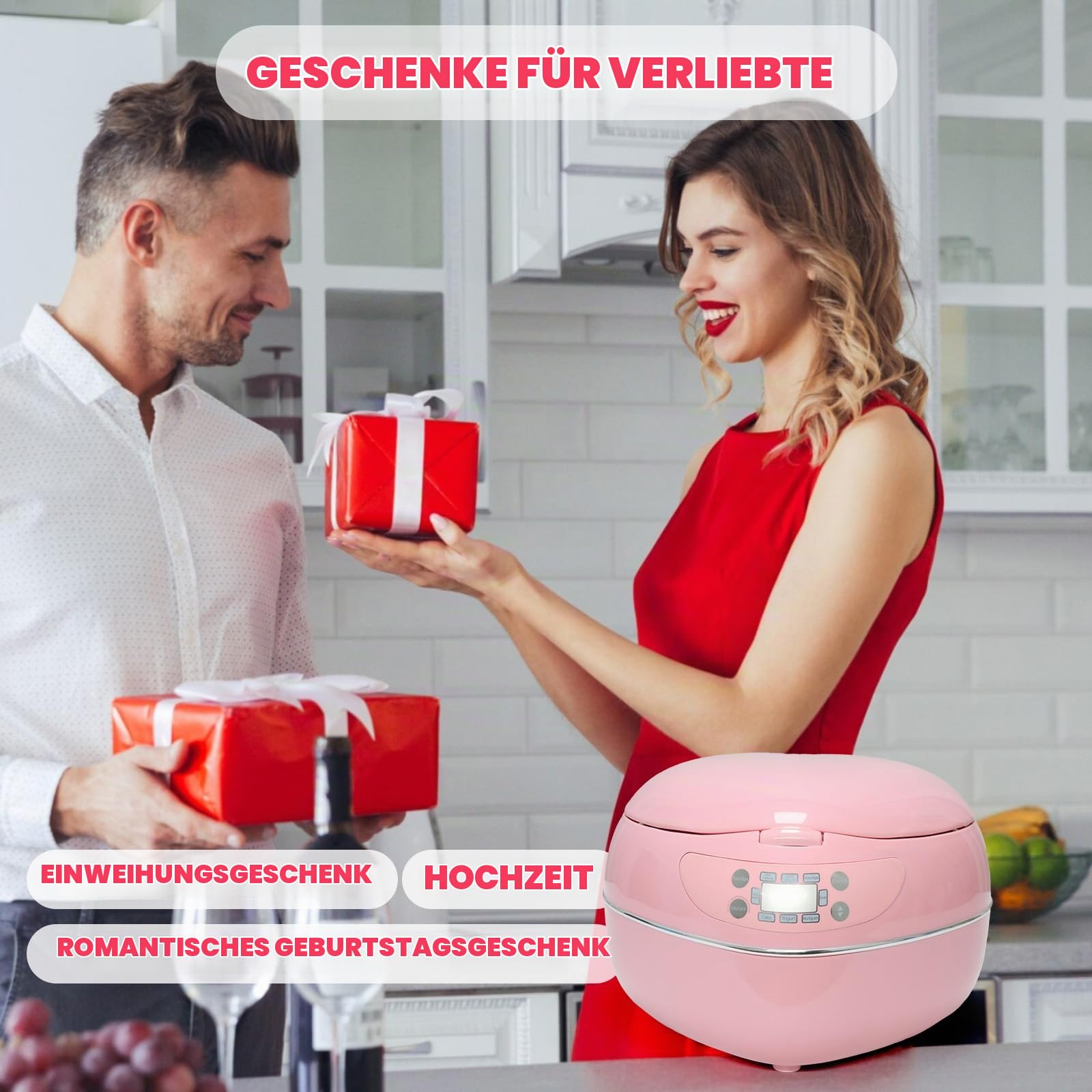 Pfirsichförmiger Reiskocher, 6-in-1-Reiskocher in Rosa, smarter, niedlicher Reiskocher mit Antihaftbeschichtung, voreingestelltem Timer und automatischer Warmhaltefunktion, ideal als Geschenk, 1,8 l