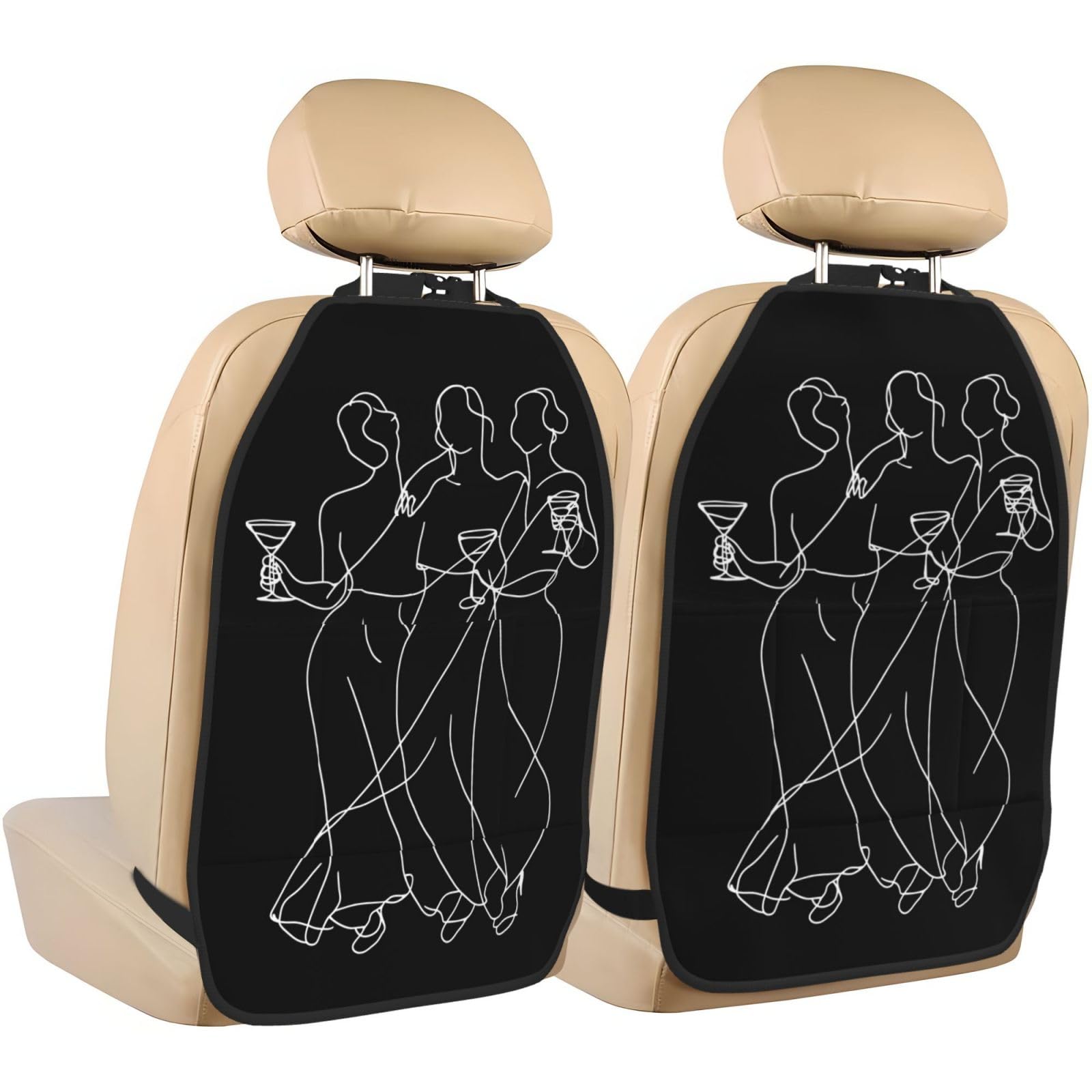 Three Women Dancing And Drinking Line Art Car Seat Back Kick Protectors,2 Pack Kick Mats With Storage Pockets For Vehicles To Protect From Dirt Mud Scratches