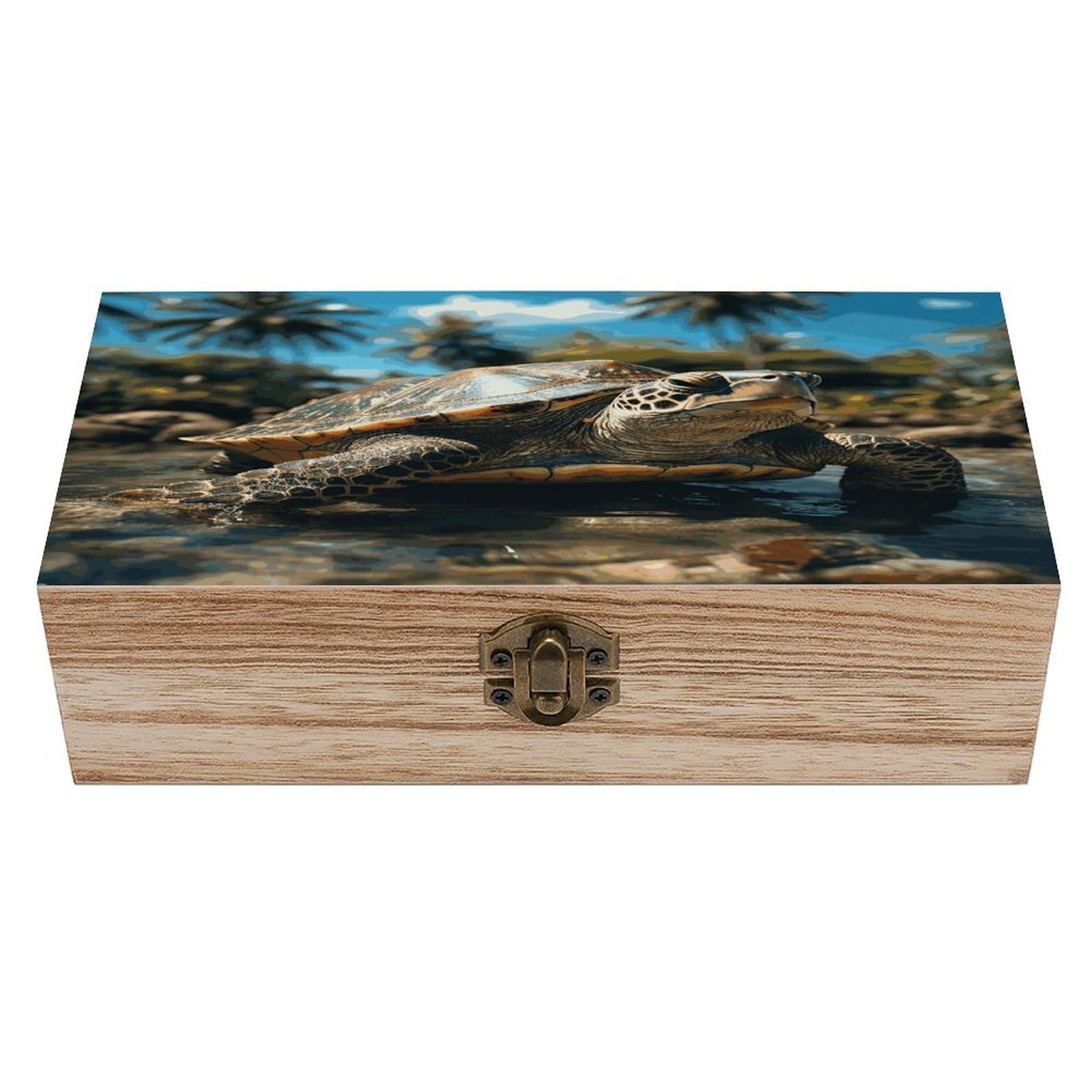 JTREHY Big Turtle And Palm Trees Wooden Storage Box Exquisite Durable Wood Gift Case Sturdy Vintage Jewelry Wooden Chest for Art Hobbies Storage Keepsake Gift