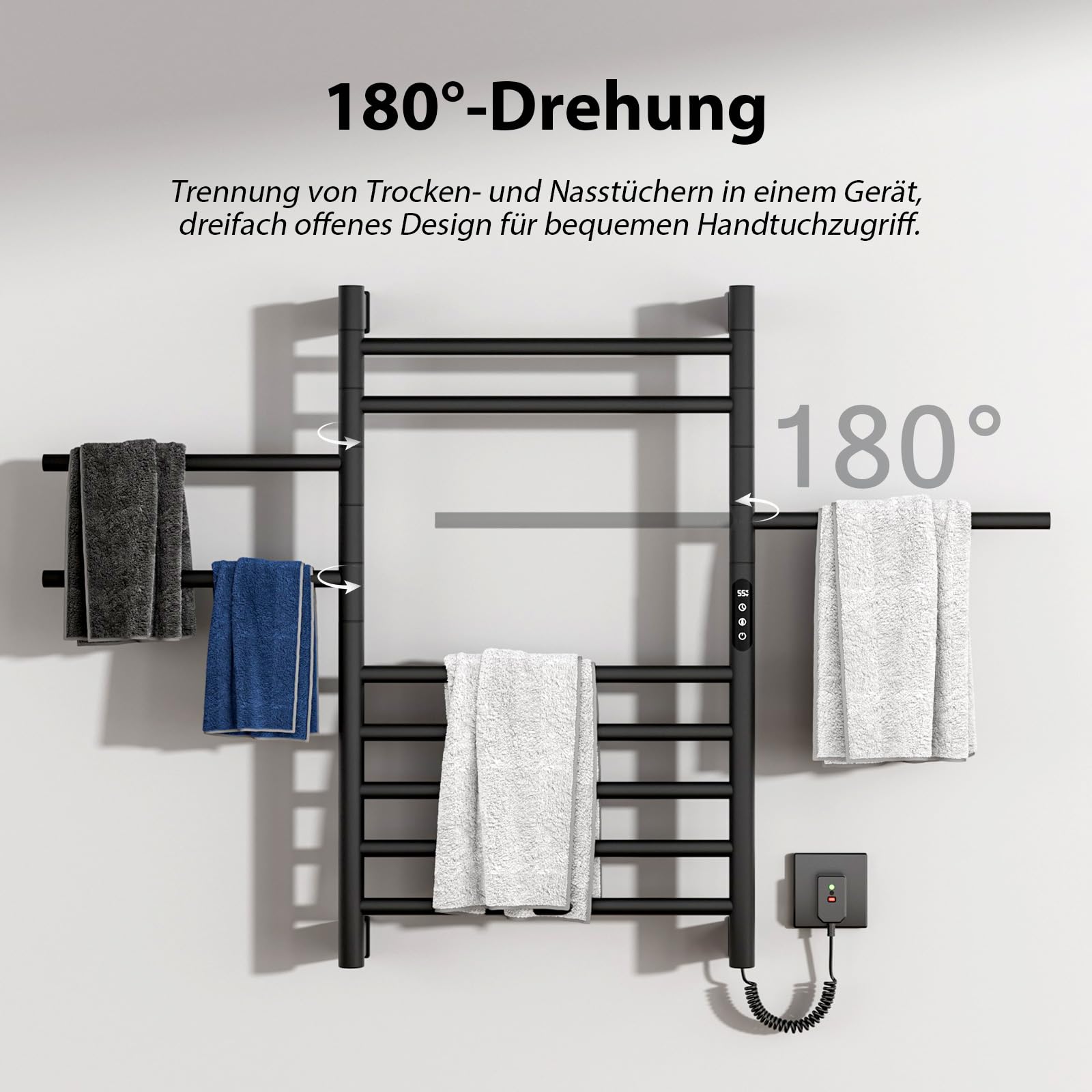 Handtuchheizkörper, Badheizkörper Elektrisch, Bad Handtuchtrockner Elektrisch, 850×520 Mm, 180° Drehbare Stange, Thermostat, Heizstab 250W, Handtuchhalter, Bad Heizkörper. (Schwarz)