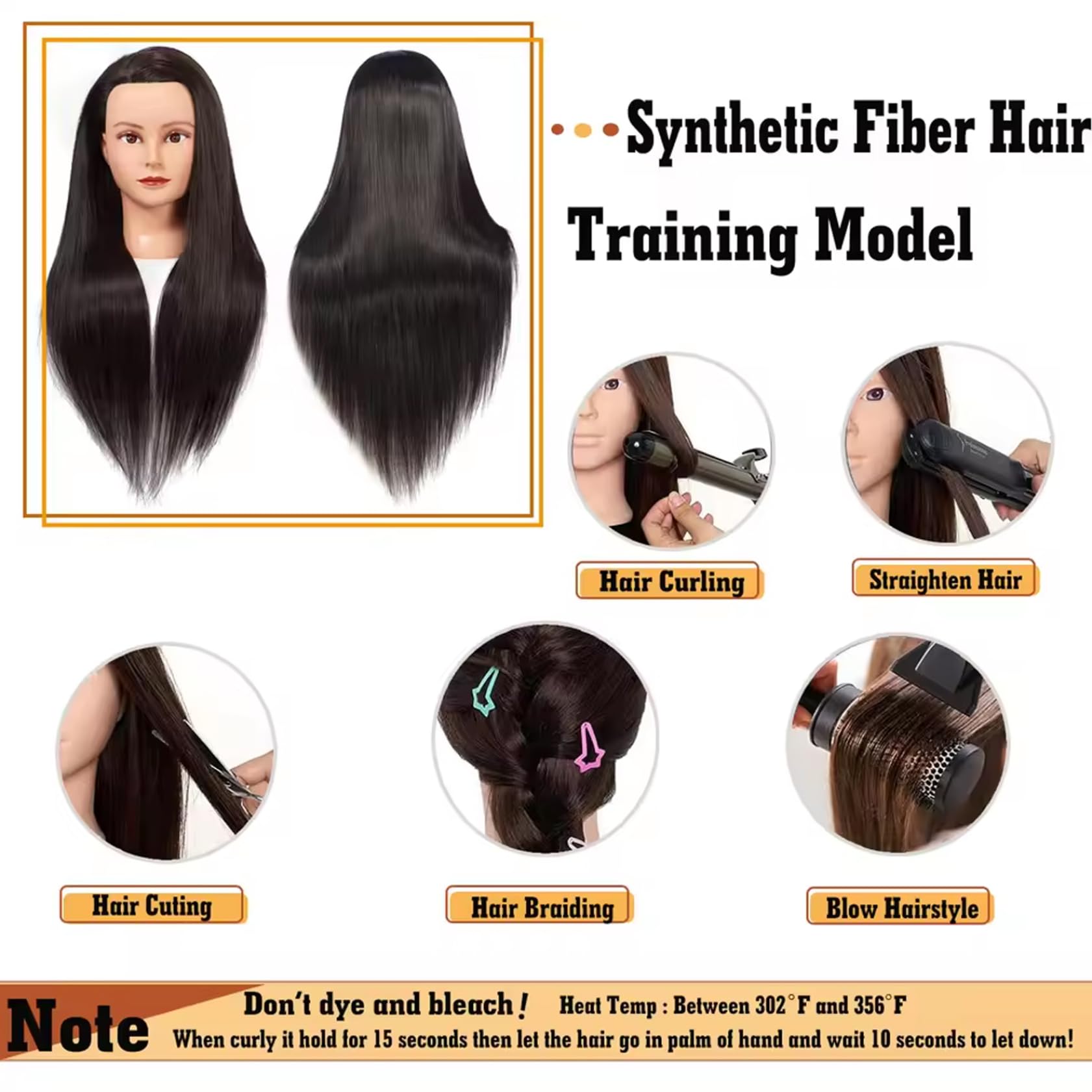 24.8 Testa di manichino per capelli in fibra sintetica, testa di formazione per lo styling per display per parrucchiere (giallo brunastro)