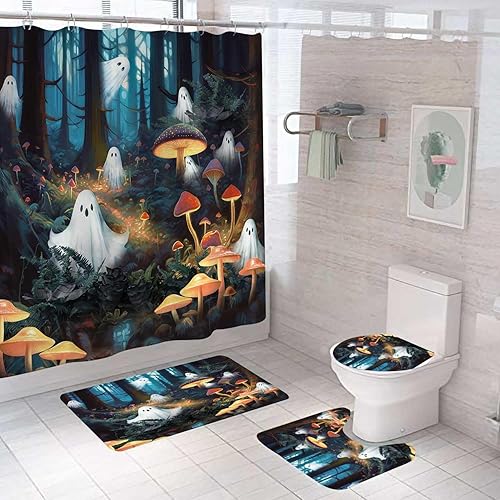 Miniatura 33 de Juego de 4 cortinas de ducha de Halloween con alfombras, divertida cortina de ducha fantasma, cortina de ducha rosa de tela impermeable, cara Rosa