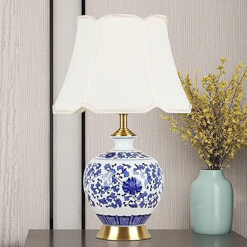 Miniatura 3 de Jingdezhen - Lámpara de mesa de cerámica para dormitorio, lámpara de noche clásica de porcelana azul y blanca, lámpara de noche de oficina oriental