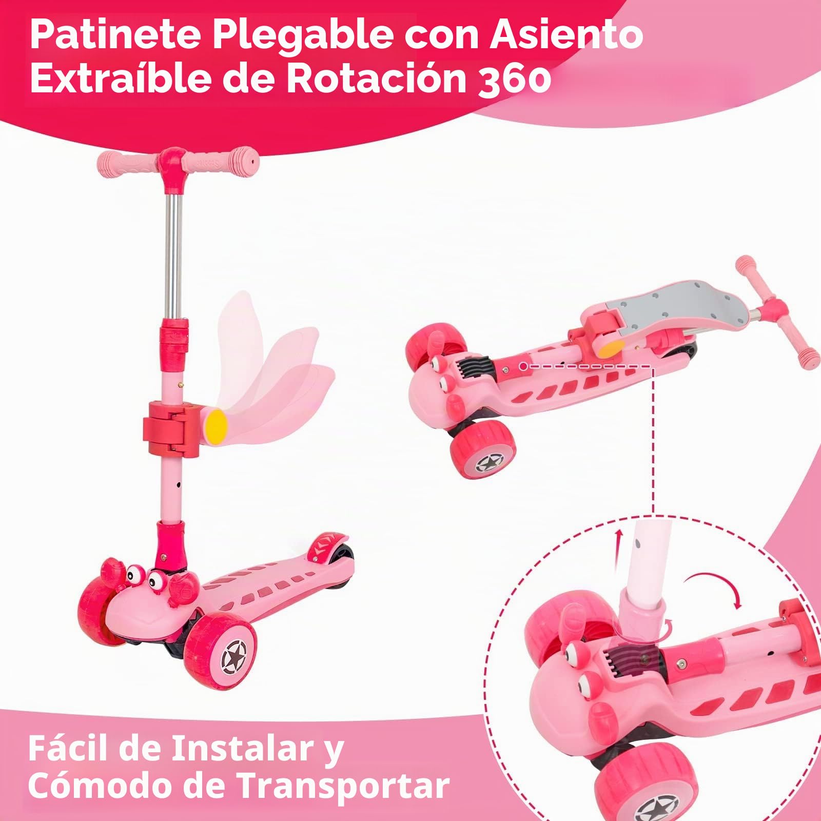 Patinete Niño 2-En-1, Asiento, Ruedas LED, Manillar Ajustable, Anti-Vuelco