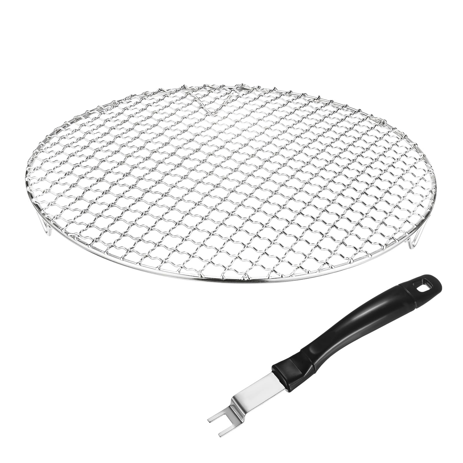 M METERXITY Pack de 2 Rejillas Enfriadoras, 11.8" Redondas de Acero Inoxidable 201 con Elevador Pinza para Parrilla/Asar/Cocer al Vapor/Hornear, Rejilla de Alambre Cruzado [Tono Plata]