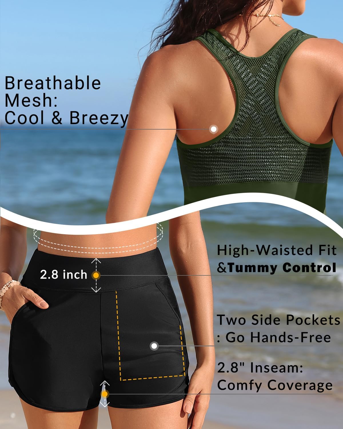 Women 3 Piece Tankini Swimsuit - Mesh Racerback Tank Top with Sports Bra and Pocketed Boyshorts Athletic Bathing Suits - Image 4