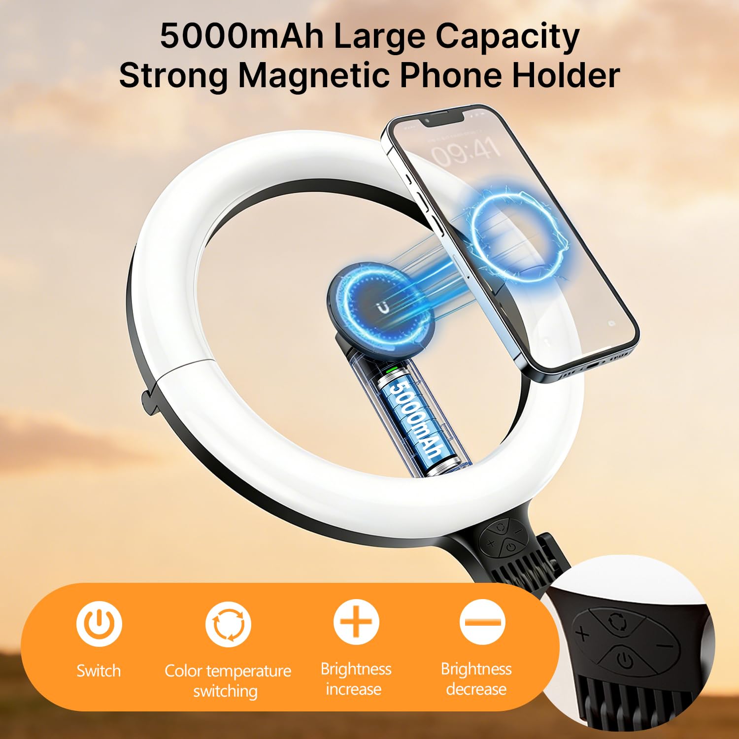 Lámpara de anillo magnética con soporte para teléfono para montaje de cámara de escritorio, trípode de mesa articulado flexible de 5000mAh, soporte para iPhone para grabación de video de cocina y uñas