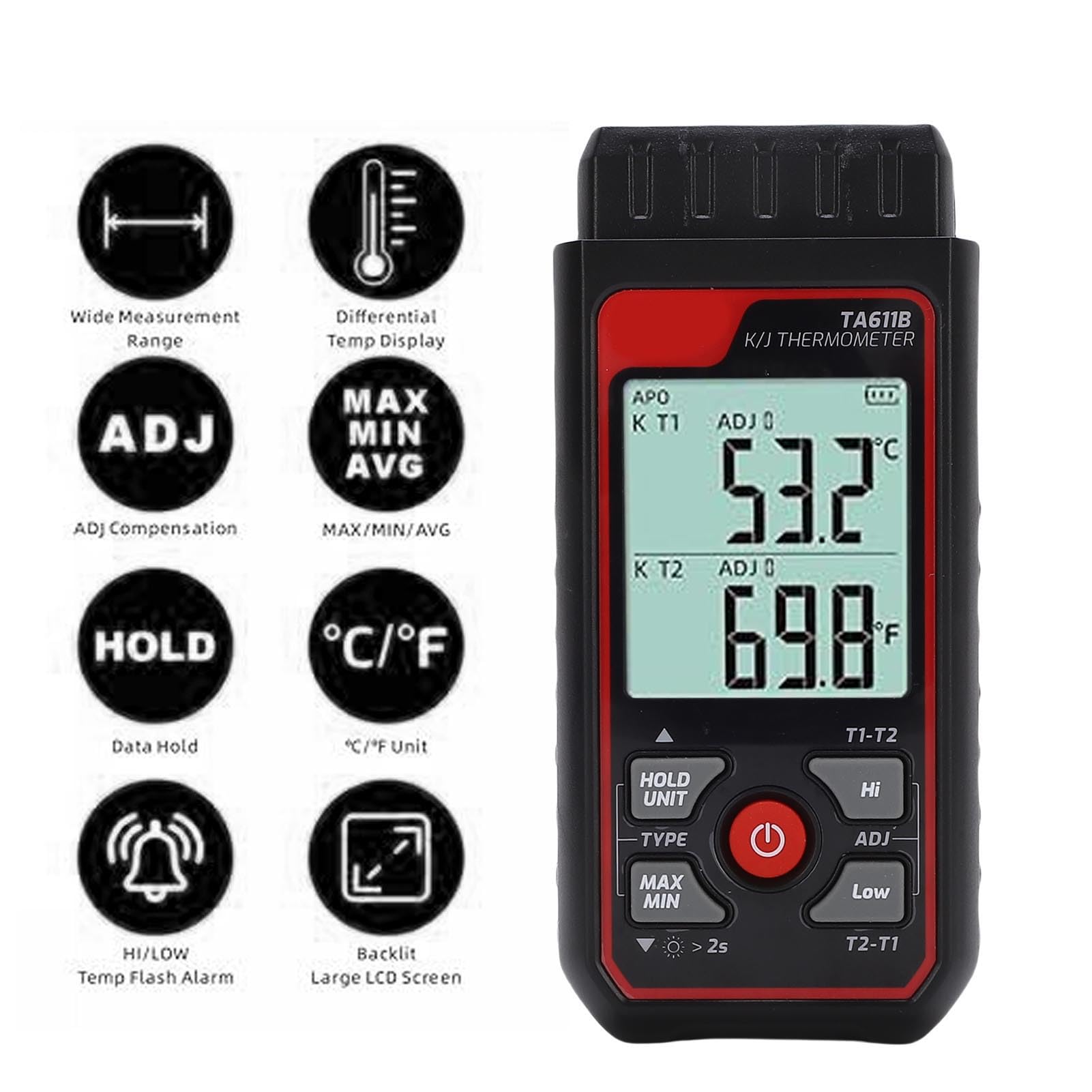 Thermomètre à Thermocouple de Type K J, Enregistreur de Température, Jauge de Température Numérique avec Double Canal et écran LCD rétroéclairé, Idéal pour le Laboratoire et l'industrie