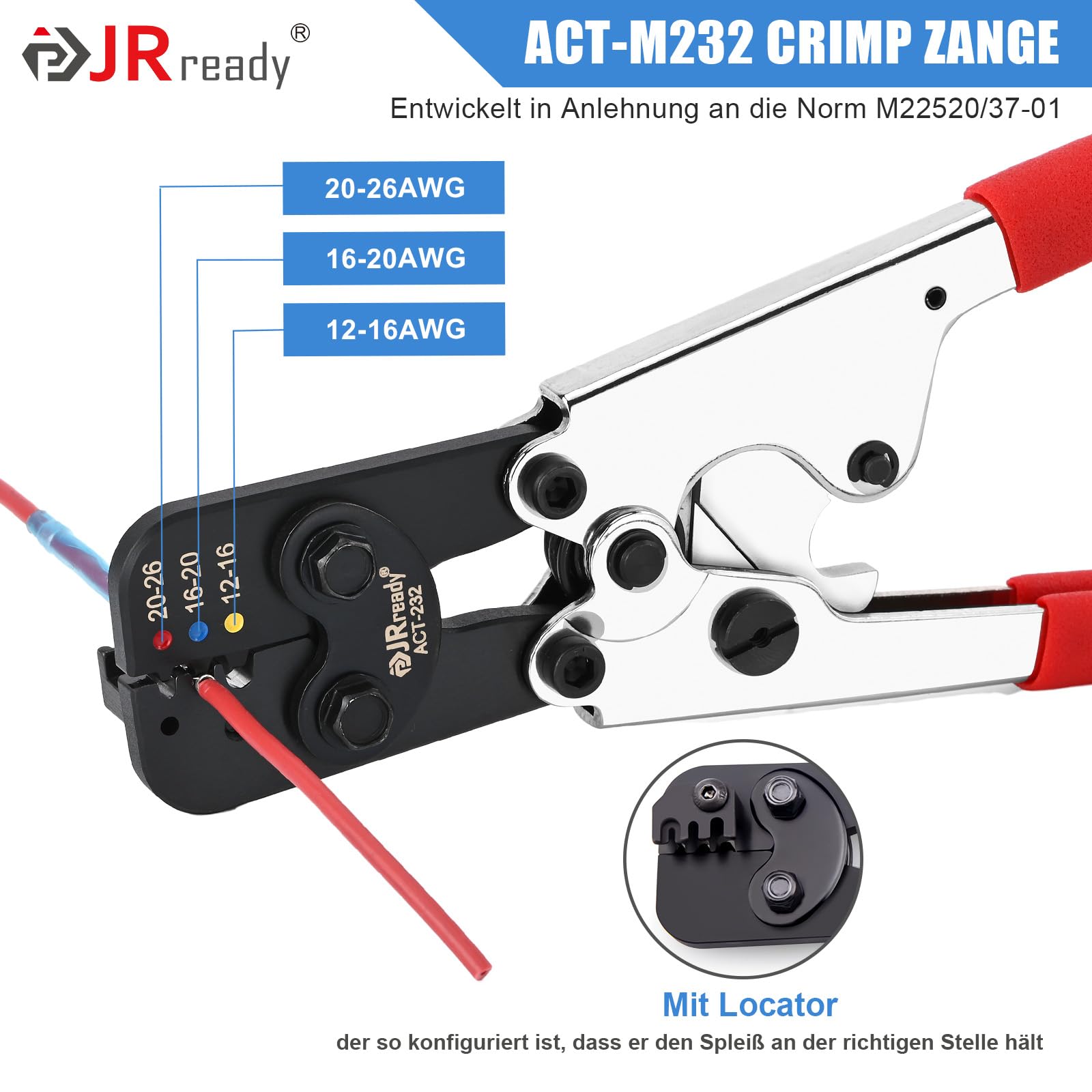 JRready ST2174 Quetschverbinder Set (M81824/1 Äquivalent), 26-12 AWG (0,14-4,0mm²) Wasserdicht IP68 Schrumpfverbinder Stoßverbinder Sortiment, mit Crimpzange Set ACT-232 (M22520/37-01), 91-teilig