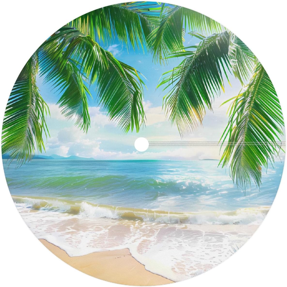 Tropical Beach Coconut Tree Outdoor Tablecloth with Umbrella Hole, Round Elastic Fitted Table Cloth with Zipper, Waterproof Picnic Patio Table Covers Fits 45-56 in Tables