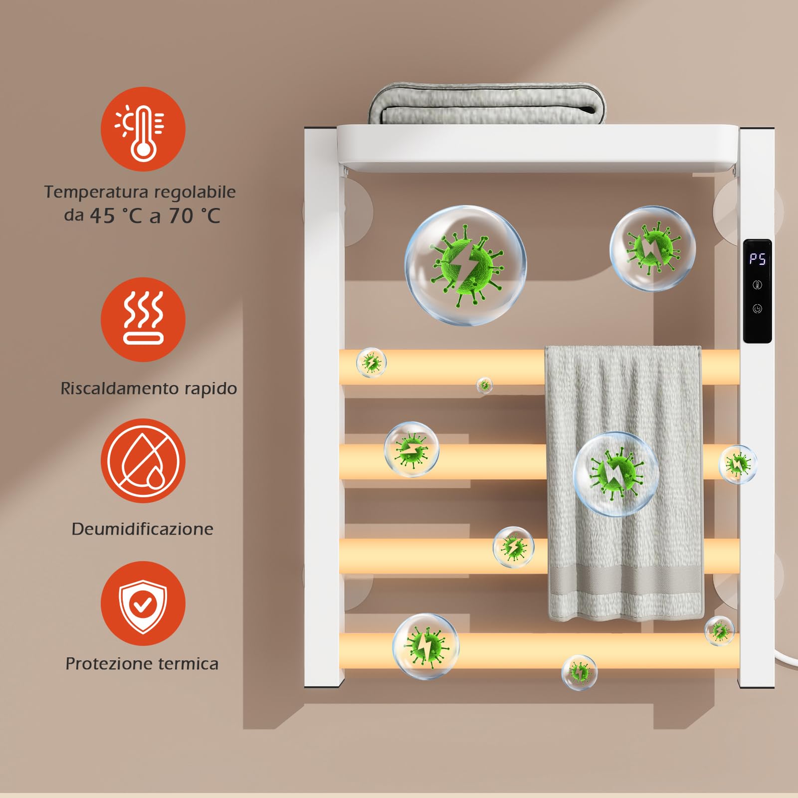 YU YUSING Scaldasalviette Elettrico Bagno 47x40x11cm, Termoarredo Bagno Intelligente con Un Ripiano, Asciugamani con Radiatore da Parete, Portasciugamani, 72W, Display LED, Touch Contro, Bianco