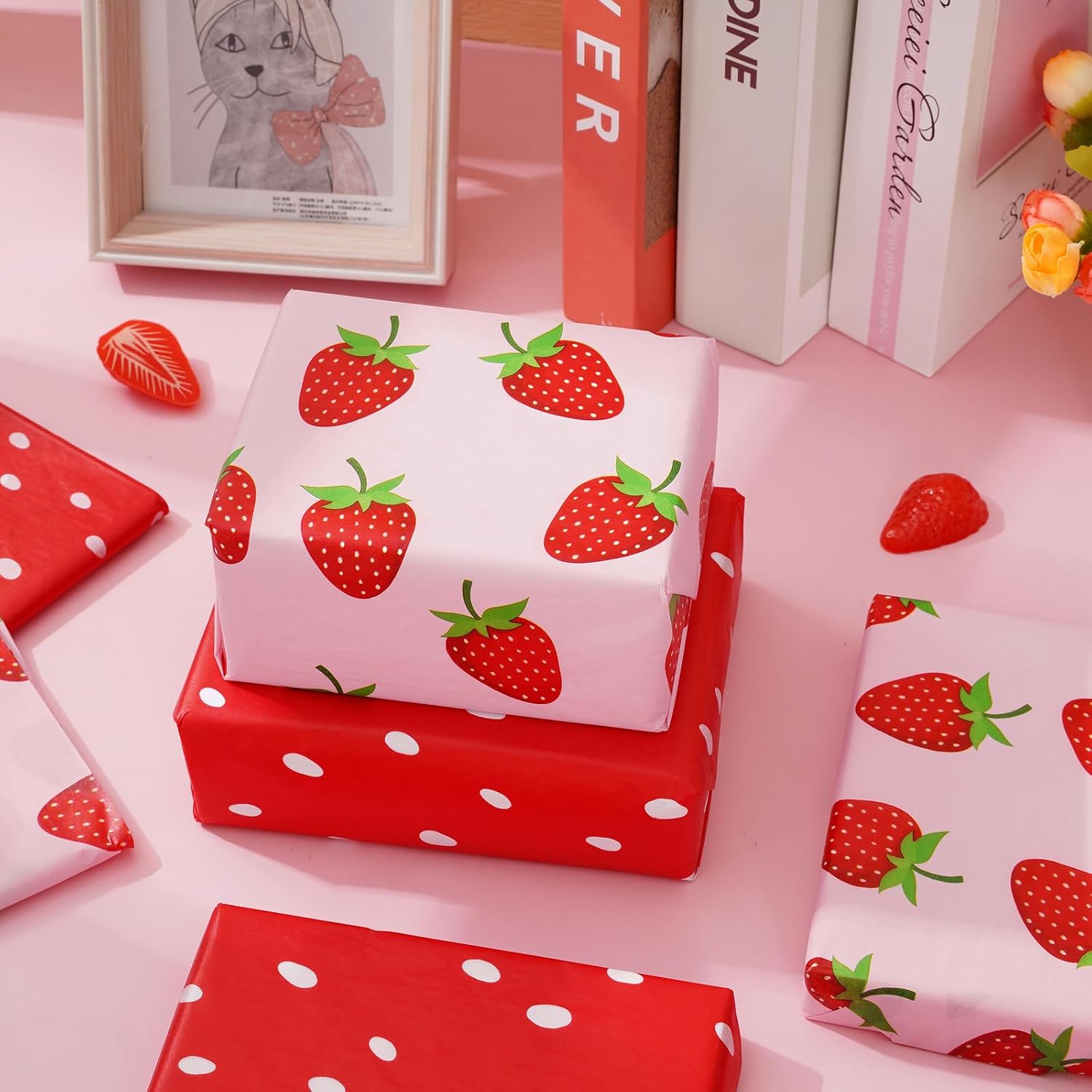 Whaline 100 Sheet Strawberry Tissue Paper Red Pink Strawberry Dots Gift Wrapping Paper Sweet Fruity DIY Craft Papers for Holiday Party Wedding Birthday Home Office School Decoration, 14 x 20 Inch