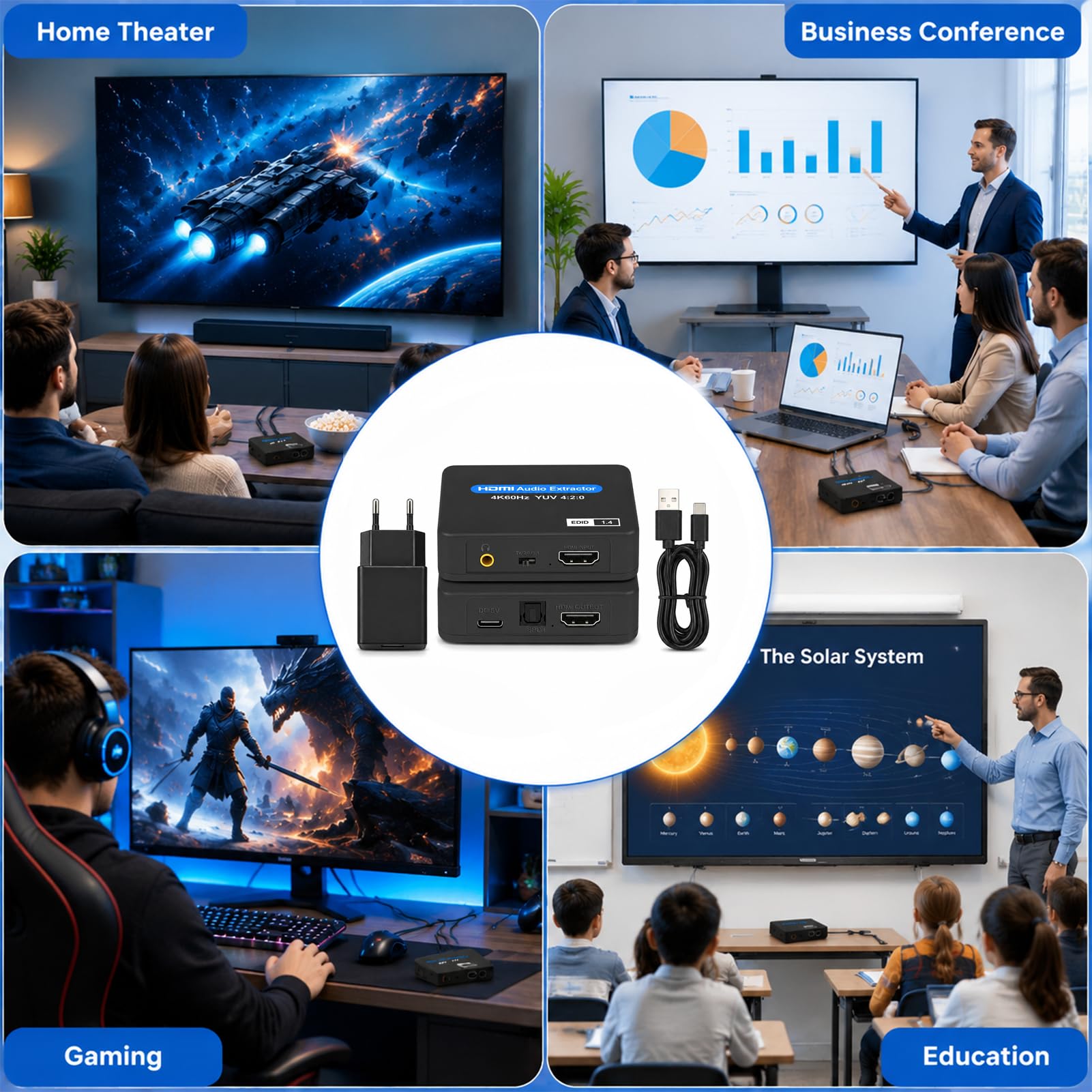 HDMI Audio Extractor, Optical SPDIF Audio Splitter Toslink + 3.5mm Ausgang, 4K 60Hz Konverter Adapter für Fire TV Stick PS5 Xbox PC Laptop, EDID Umschaltung, für Soundbar und Verstärker