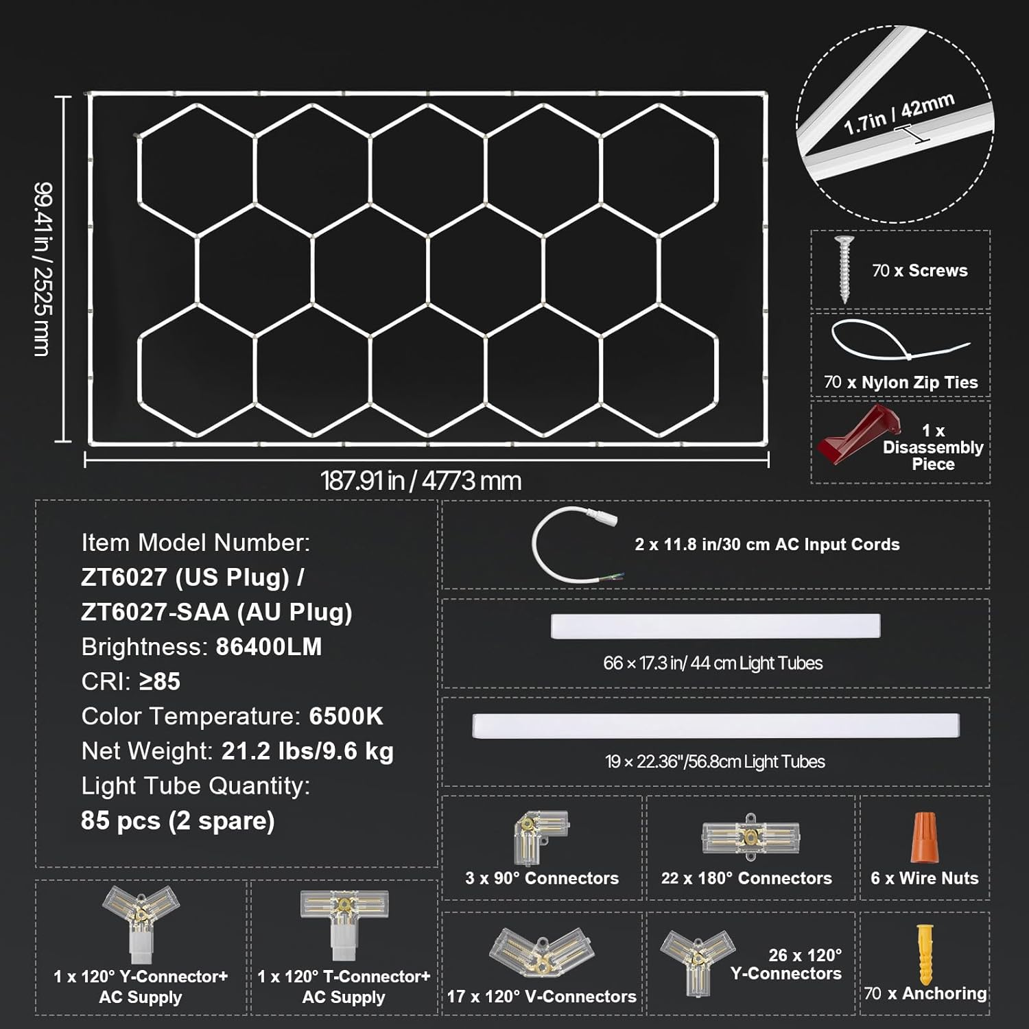 Happybuy Hexagon Garage Lights, 86400LM, 6500K 14 Grid Systems Honeycomb Hexagonal Garage LED Lights, DIY Cool White Car Detailing Garage Ceiling Lighting Bright Shop Light for Gym Basement Workshop
