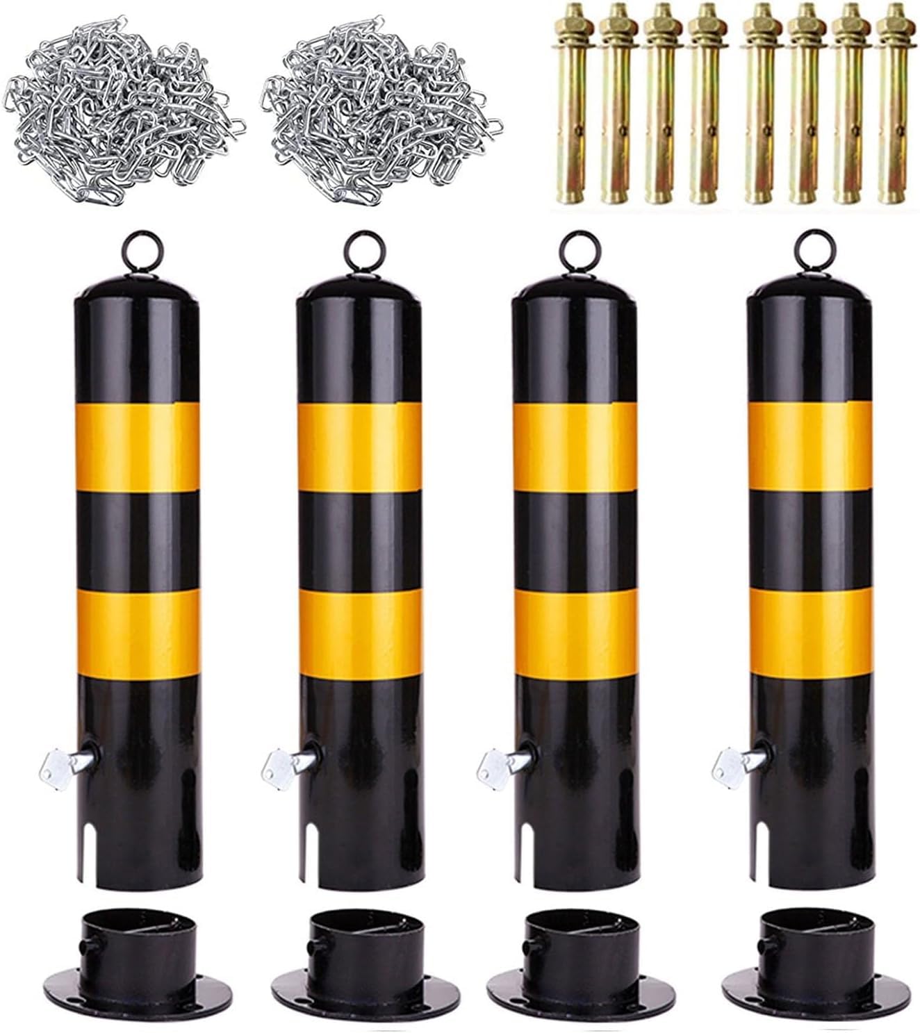 Cono canalizador de postes de señalización de tráfico, barrera de entrada para vehículos, bolardo de estacionamiento con cadena y cinta reflectante, poste de bolardo de s,4 Pcs-Height 65cm/25.6inch