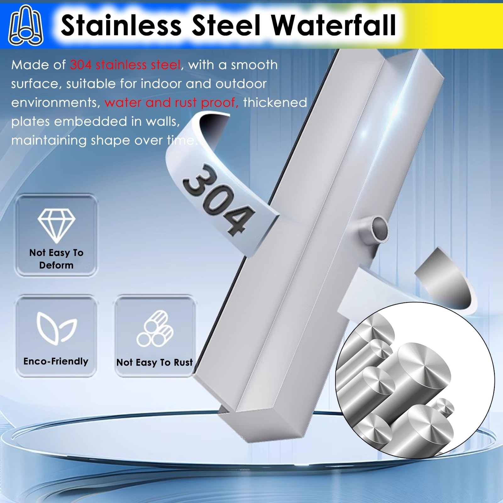 Fontana da piscina a cascata larga 40,6 cm in acciaio inox, design da incasso a parete con connettore per tubi, ideale per giardino, stagno, patio, terrazza, caratteristiche dell'acqua (argento)