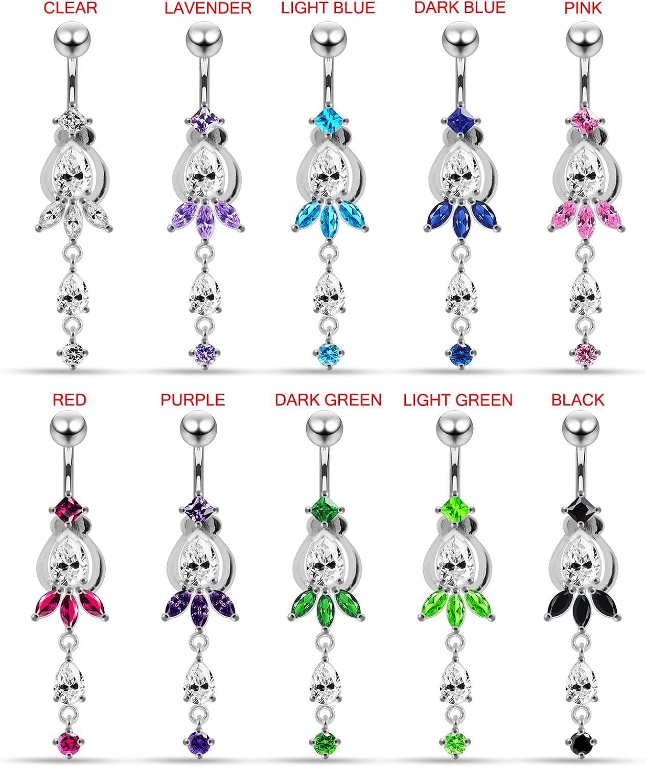 Orchid with Teardrop and Round Dangling Design 925 Sterling Silver with Stainless Steel Belly Ring - Belly Button jewelry - Navel jewelry