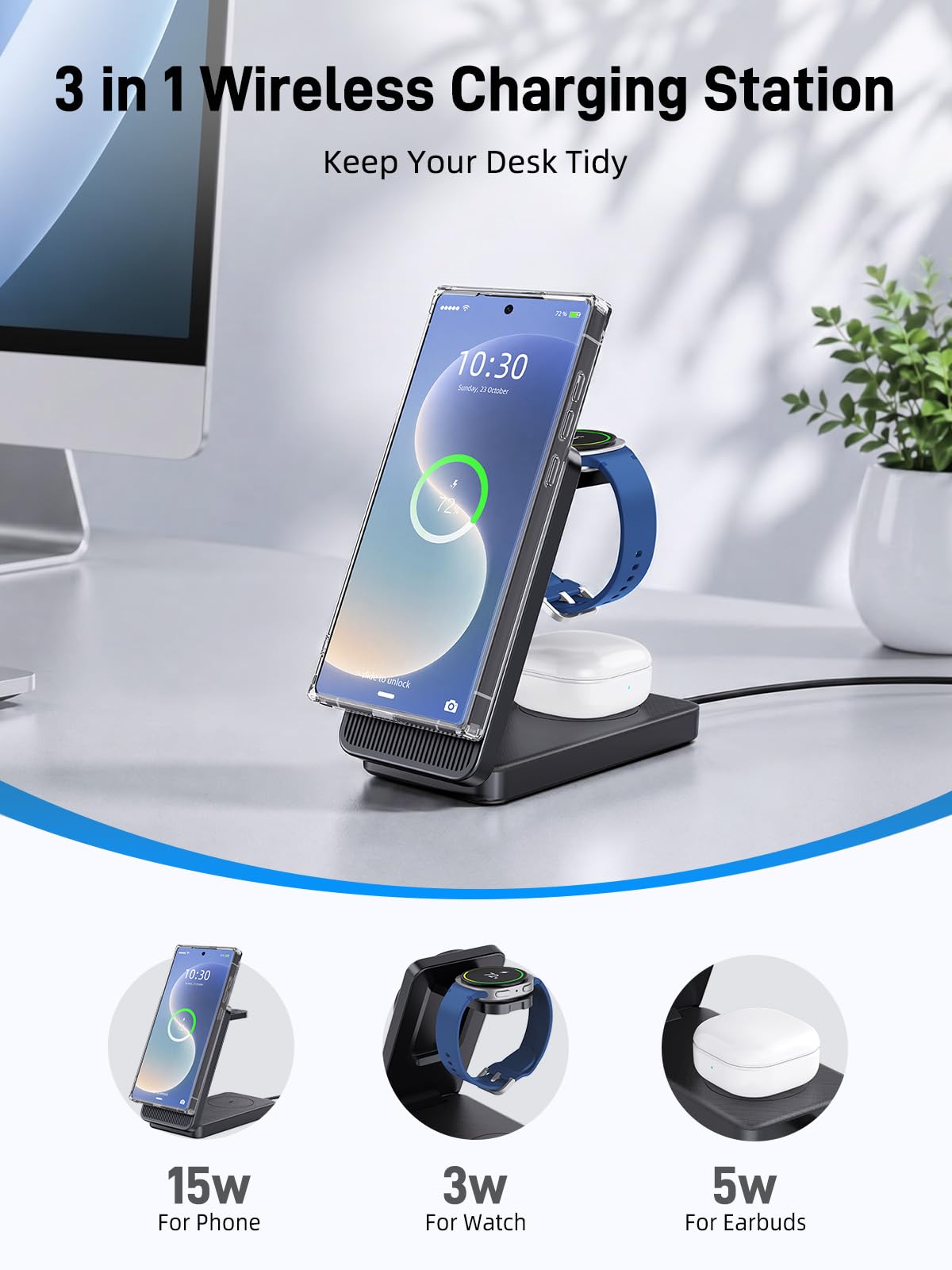 Magnetica Caricatore Wireless per Samsung, 3 in 1 Wireless Charger Viaggio | Caricabatterie da Viaggio Pieghevole per Samsung Galaxy S36 Ultra/S25/S24/Z Fold/Flip 7, per Galaxy Watch Ultra/8/7/6/Buds 4