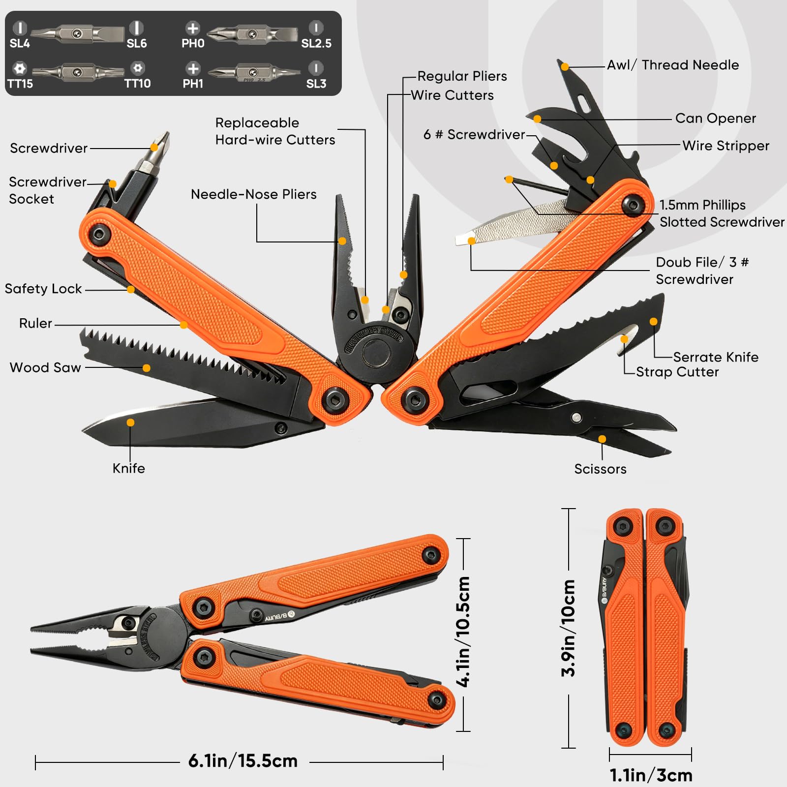 BIBURY Multiherramienta con Mango G10, Alicates Multiusos, Navaja Multiusos con Apertura con Una Mano, Tijeras y Puntas, EDC Multitool para Camping, Senderismo, Reparar y Regalo Hombre (Naranja)