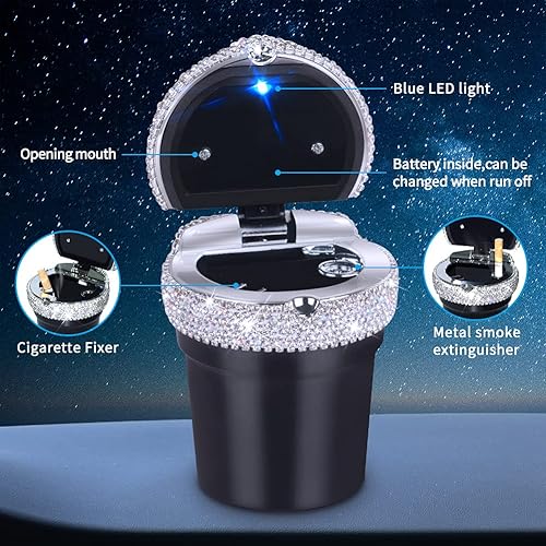 Miniatura 7 de Cenicero de coche de cristal para cigarrillos sin humo con indicador de luz LED azul, encendedor eléctrico recargable con purpurina USB, paquete de