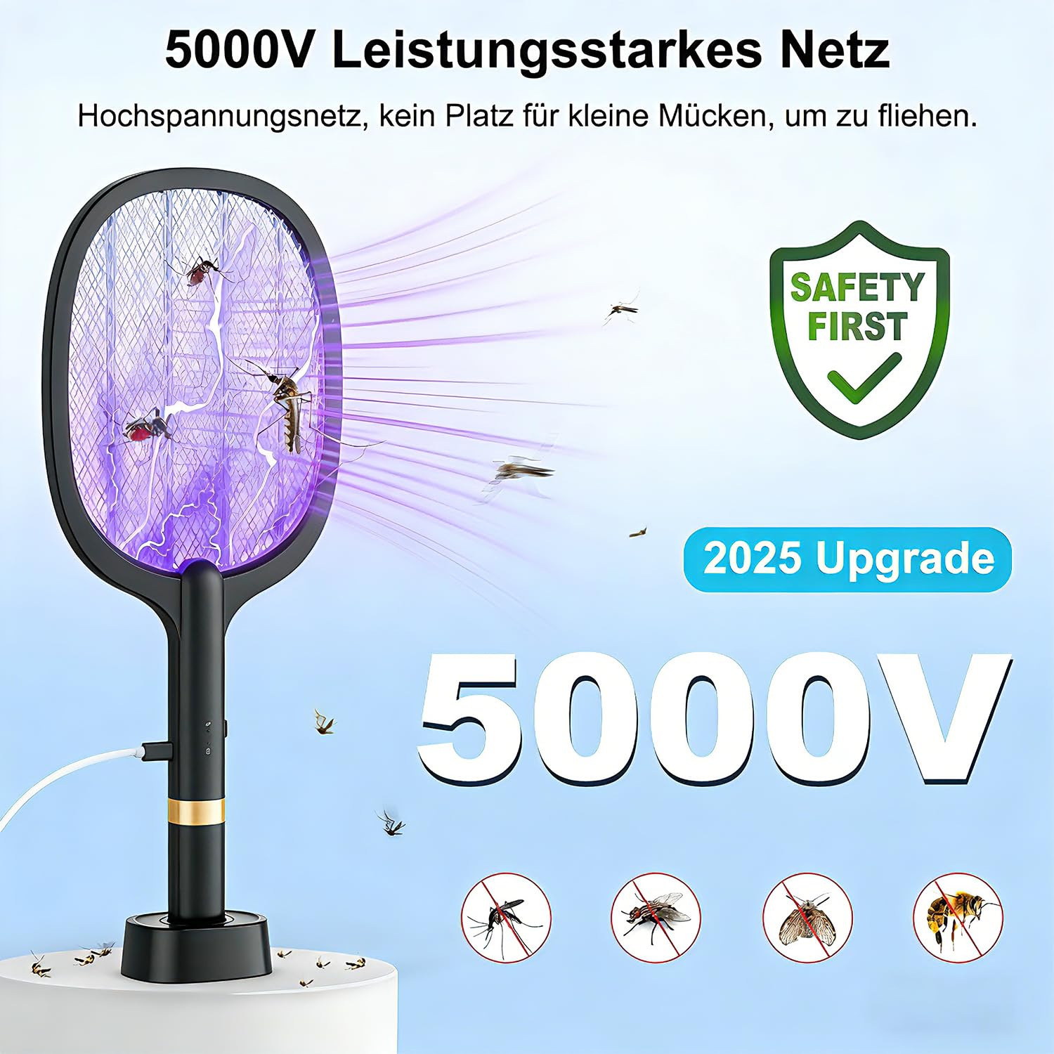 Raqueta Mosquitos Electrica 2 en 1 5000V Mata Mosquitos Electrico USB Recargable 1800mAh pour Intérieur et Extérieur Negro - 3