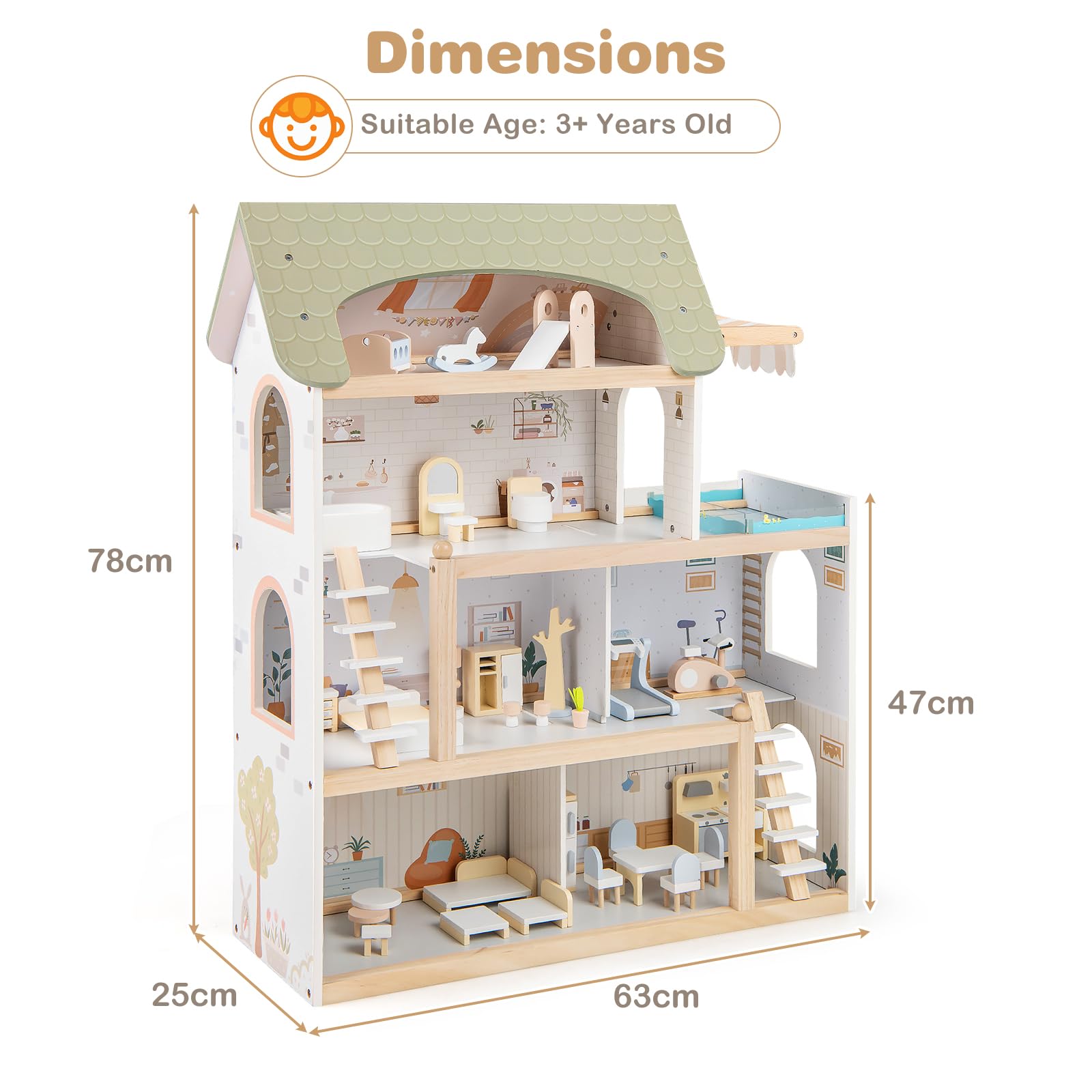 HOMASIS Casa de Muñecas de Madera con Muebles y Accesorios Completos, Casa de Muñecas con 3 Plantas y Muchas Habitaciones, Juego de Simulación para Niños de 3+ Años (Estilo 2)