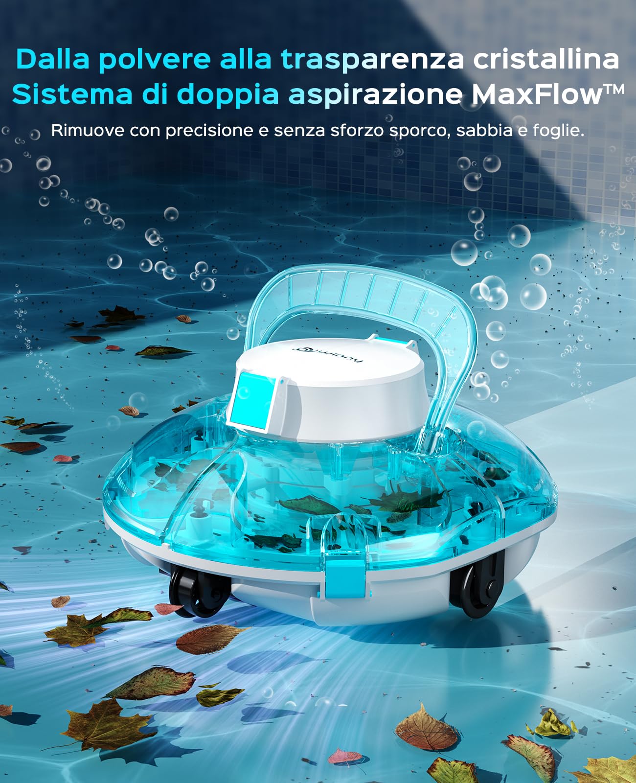 WINNY POOL CLEANER Winny 200 – Robot Limpiafondos Inalámbrico, Doble Filtración, Estacionamiento Aut., 75 Min Autonomía, Piscinas Desmont. hasta 60 M², Compacto Y Ligero(Transparente Azul)