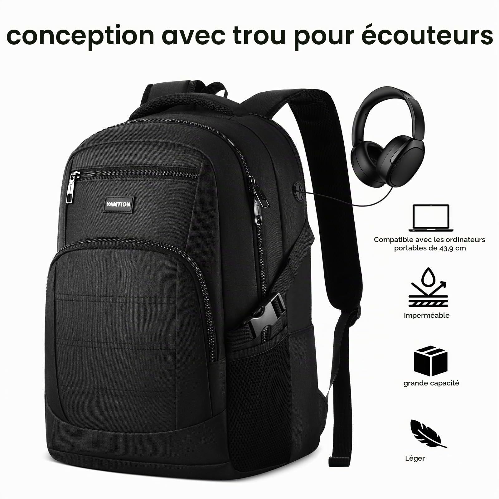 YAMTION Sac à Dos Homme, Sac à Dos Ordinateur Portable 17.3 Pouces, Sac à Dos PC Portable pour Loisir, Scolaire, Affaire