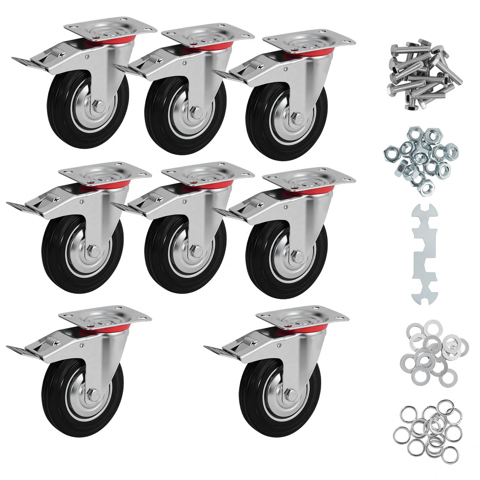3-Zoll-Lenkrollen, 4er-Set, Schwerlastrollen mit Bremse, Gummirollen mit Feststellbremse für Wagen, Werkbank, Schwarz (3" 4er-Pack mit Bremse, 8)