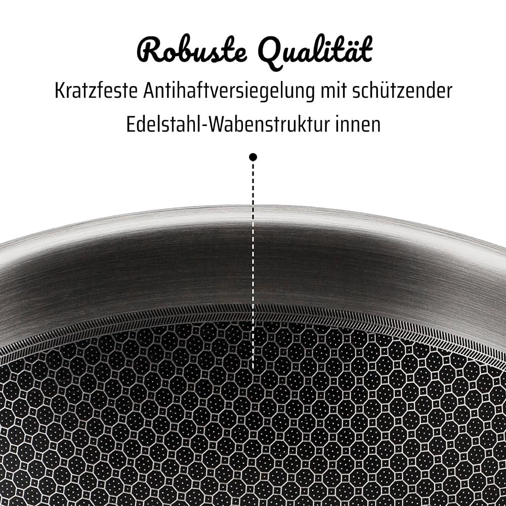 GSW Schmorpfanne Inoxxa Black, Hohe Pfanne mit Glasdeckel & Gegengriff, Edelstahlpfanne, Wabenpfanne mit kratzfester Antihaftbeschichtung, Bratpfanne Induktion, 28 cm