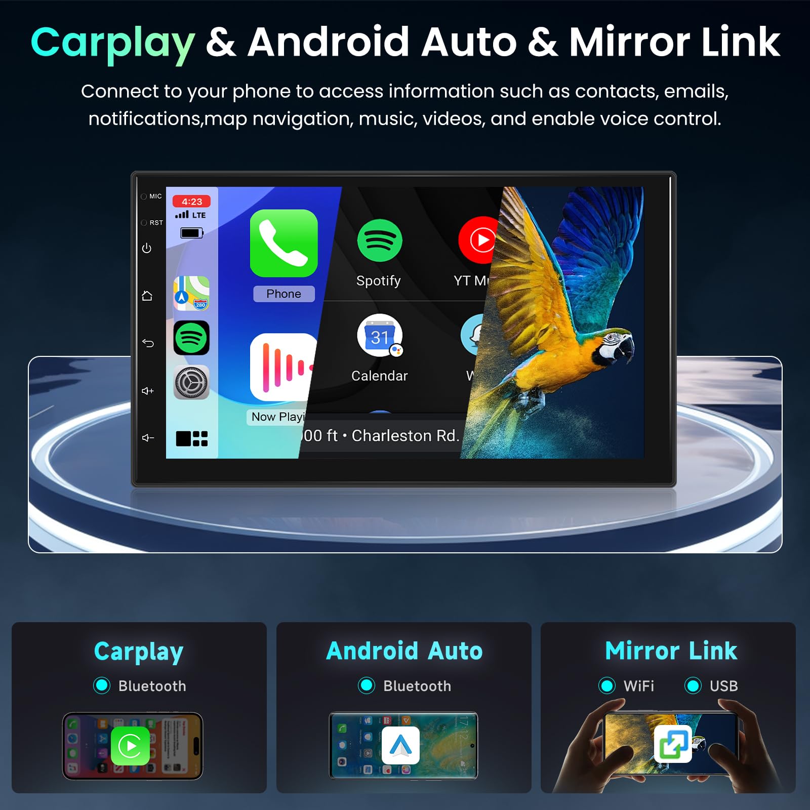 Hodozzy 4 GB + 64 GB Android 2 Din Radio samochodowe z funkcją Android Carplay Wireless Dual Din 7-calowy ekran dotykowy Radio Nawigacja samochodowa GPS WiFi Bluetooth DSP FM/RDS Radio USB/SWC + AHD