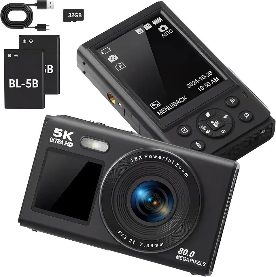 Câmera Digital 80MP Ultra HD 5K, Câmera com Duas Tela, Zoom Digital, Lanterna de Suporte, Gravação de Vídeo 30FPS, para Fotografia e Gravação Diária