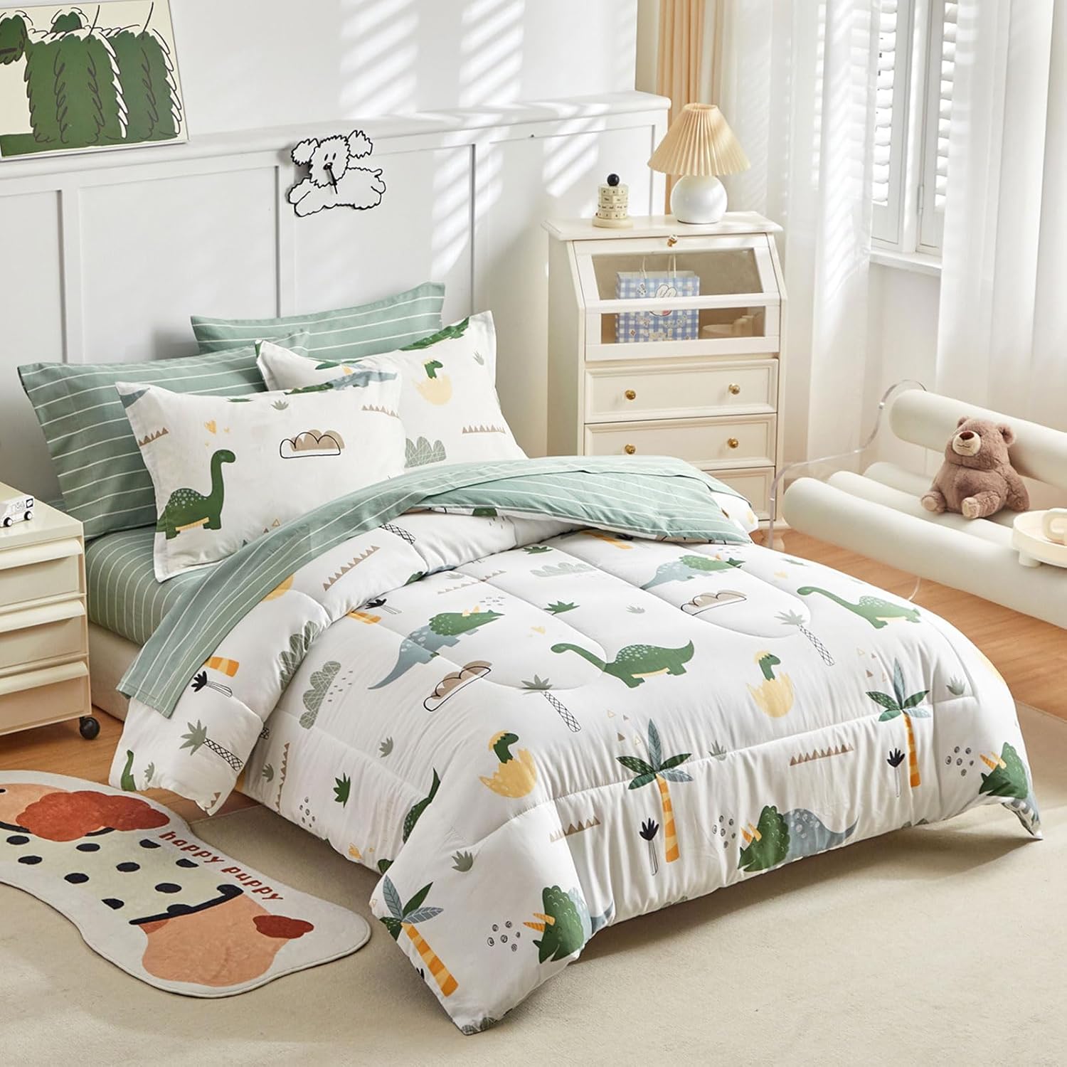 Joyreap Bed in a Bag Cotton, Dinosaur Theme Fresh Green, Twin Size 6-Piece Cotton Bedding Comforter Set for Kids Boys n Girls- 1 Comforter, 2 Pillow Shams, 1 Flat Sheet, 1 Fitted Sheet, 1 Pillowcase - Image 2