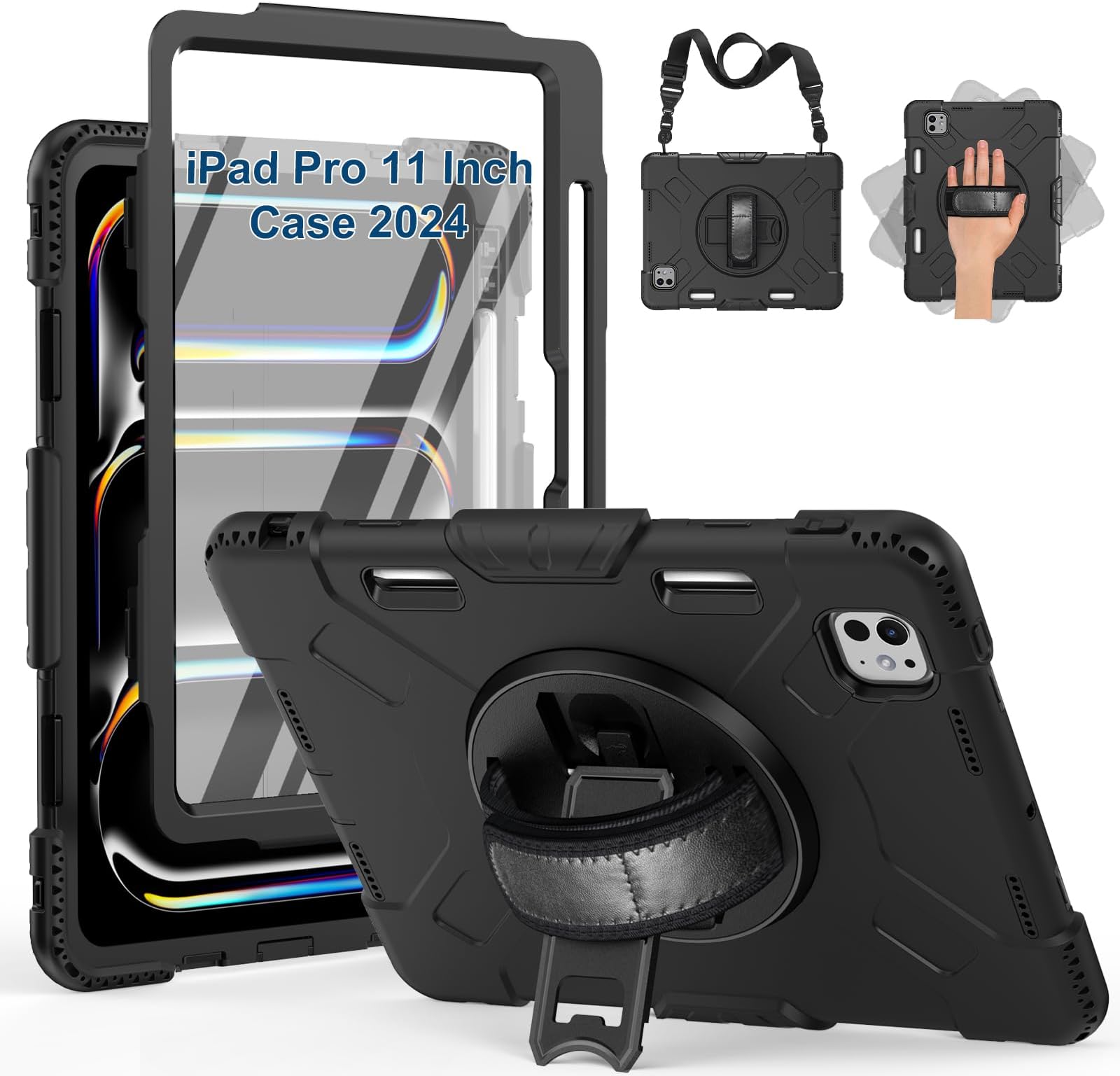 SUPFIVES Case for iPad Pro 11 Inch 2024 (5th Gen), with Screen Protector/Shoulder Strap/Pencil Holder/Handle/Rotating Stand, Black