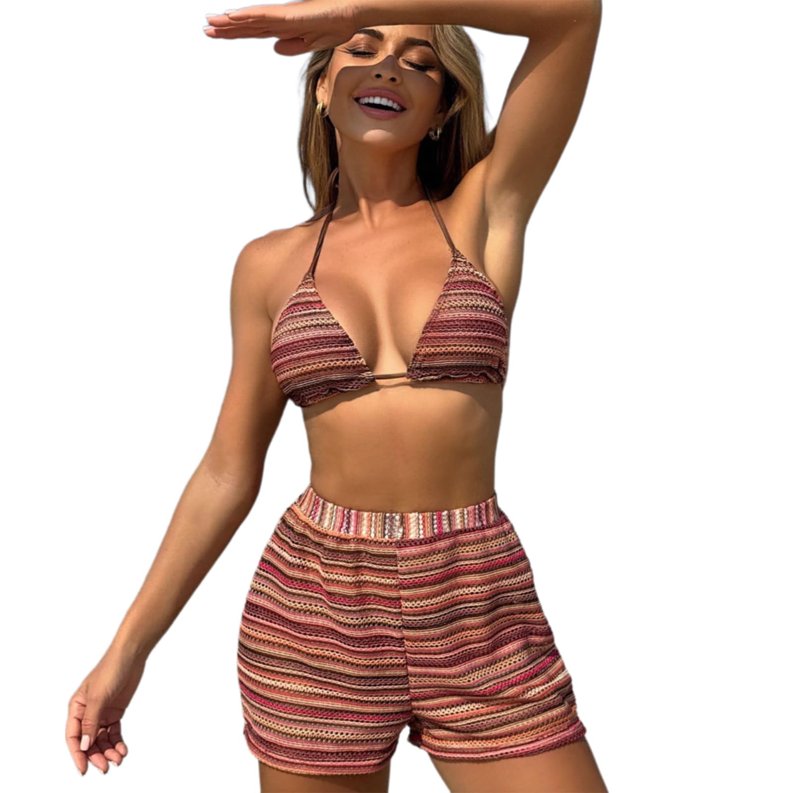 Maillot de bain tricoté pour femme ensemble deux pièces short de plage coloré dos nu triangle