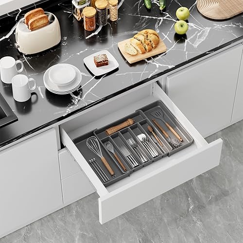 Vista 18 de Aujen Organizador de cubiertos – Organizador de cajones de cocina expandible, organizador de utensilios ajustable, bandeja de cubiertos para Negro