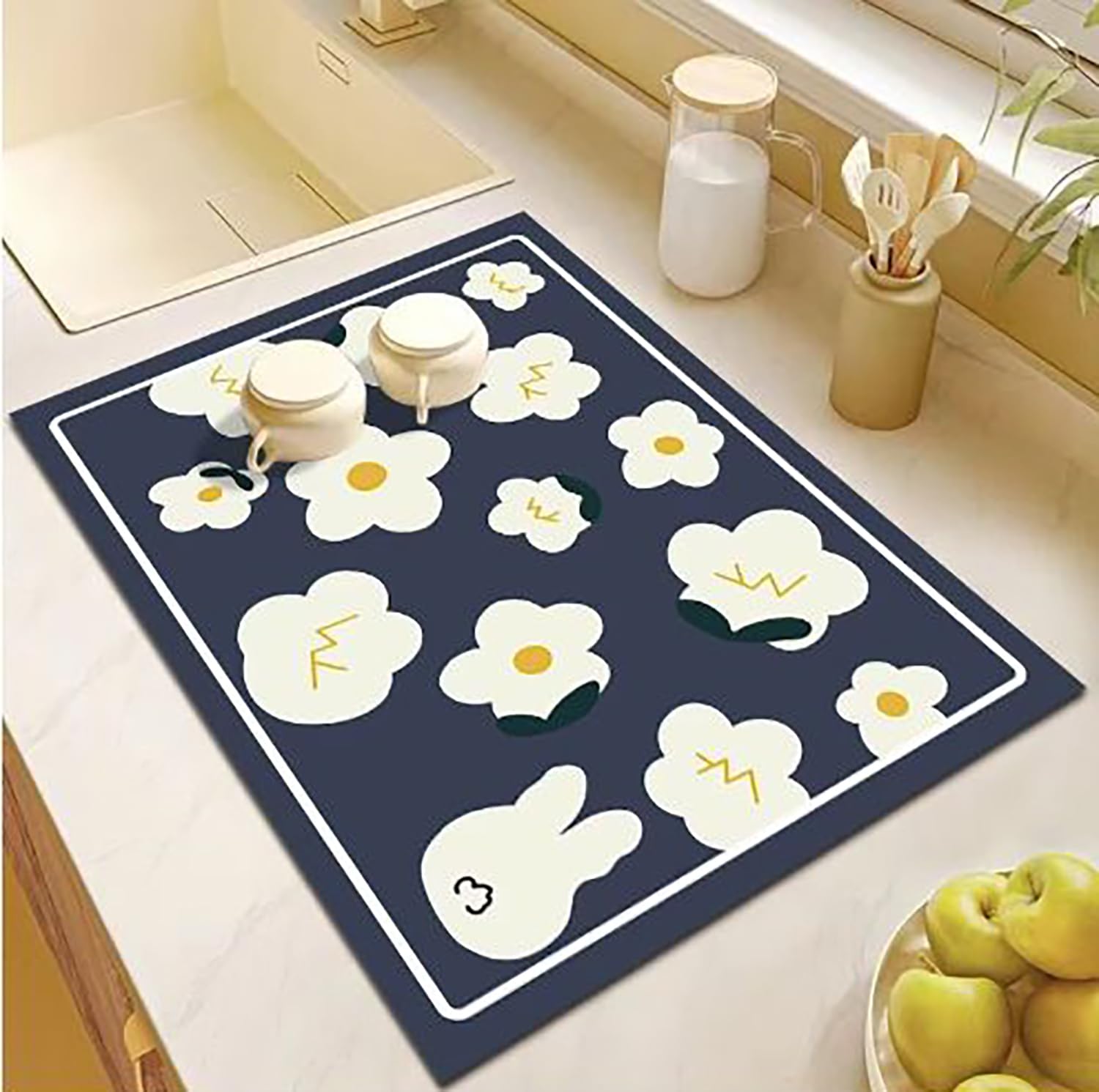 Cute Dish Drying Mat - Blue Flower Kitchen Mat -1