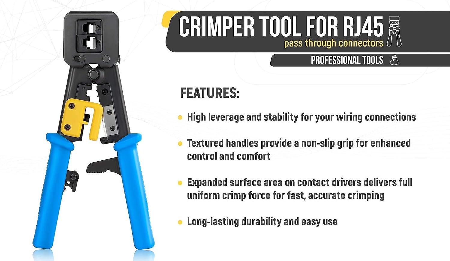 Bundle – 2 items: RJ45 Crimp Tool + 200 Pack of Cat6 Pass Through Connectors.