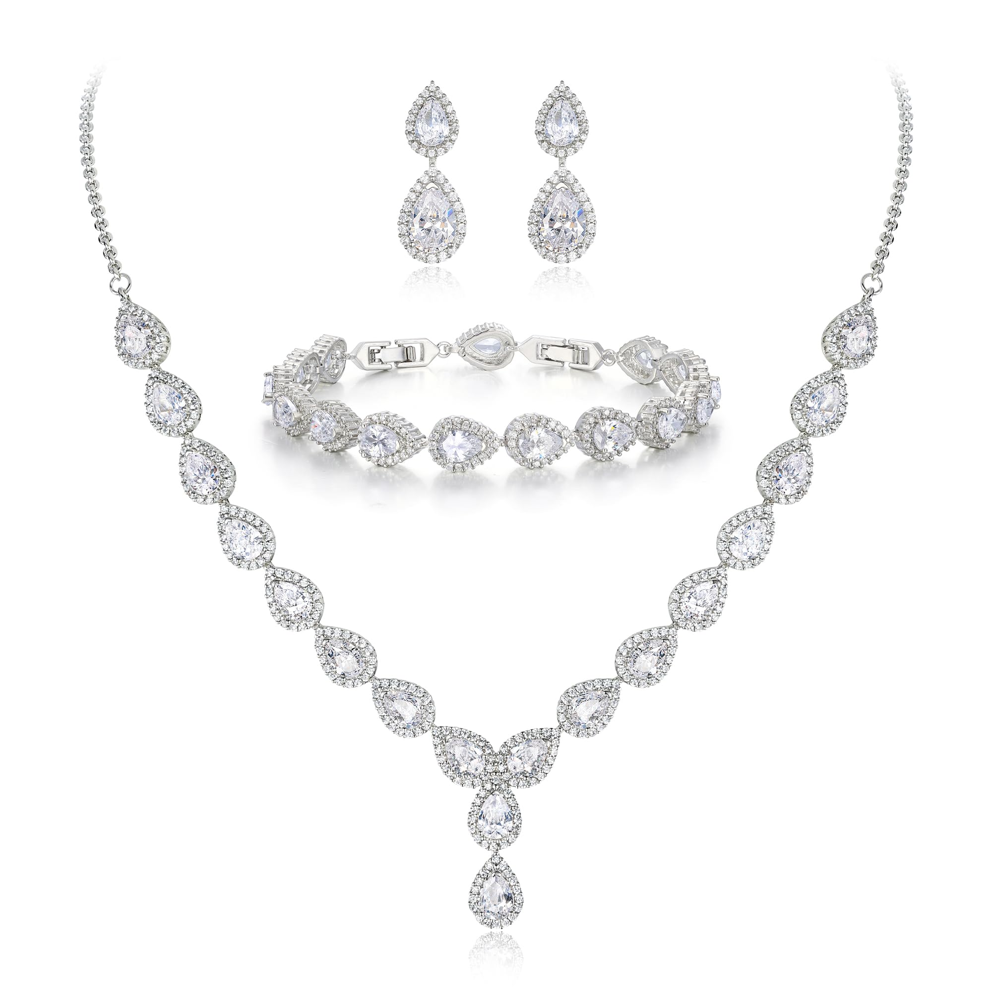 Gioielli Donna 3-Set Matrimonio Parure per Sposa - Elegante e Splendente Nuziale zircone Infinito Figure 8 Y-Collana Orecchini Braccialetto Pendenti Set Trasparente