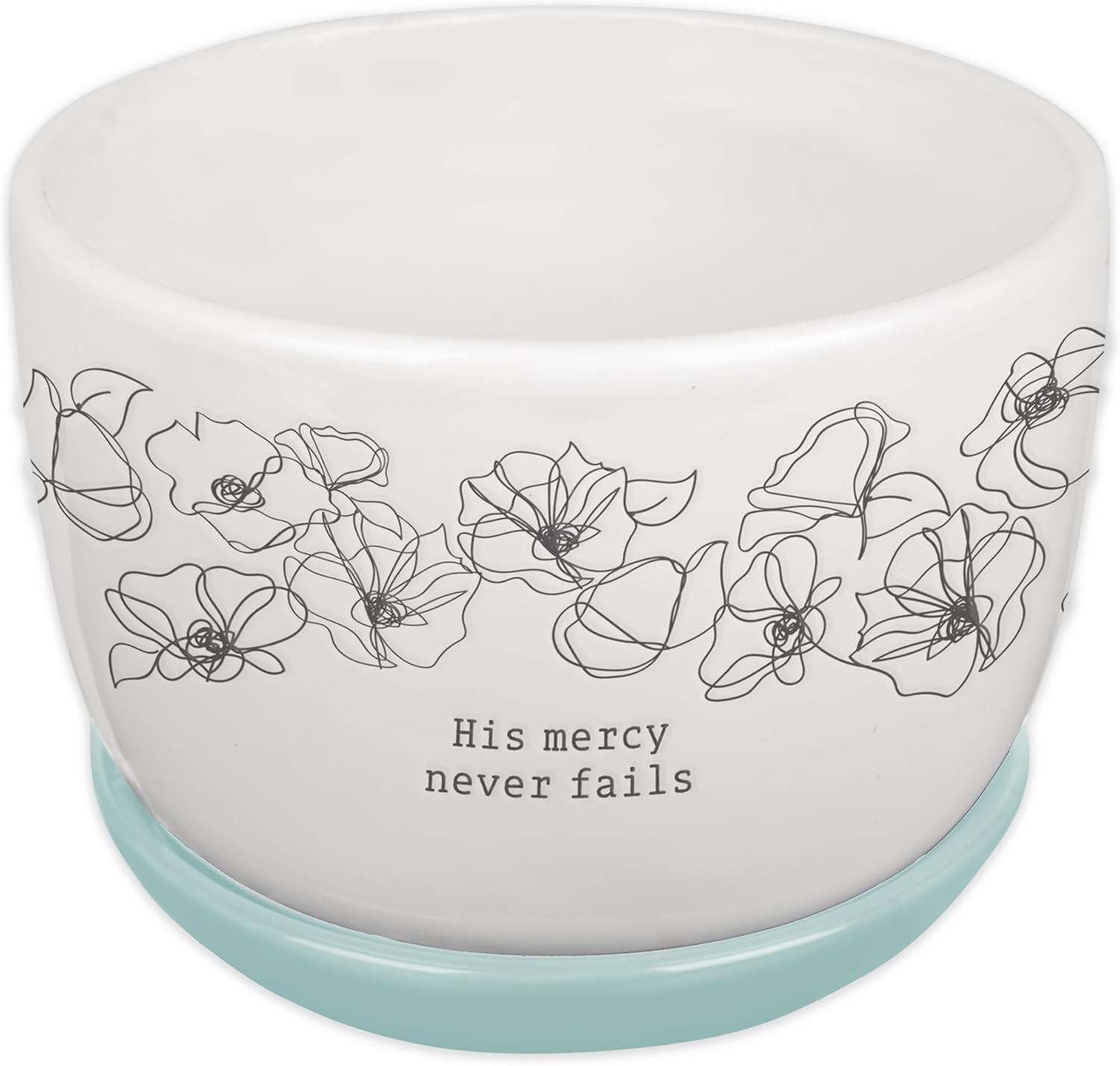 Christian Art Gifts Ceramic Kitchen Table Planter for Women: His Mercy Never Fails – Cute Tabletop for Home & Garden w/Lid, White/Teal