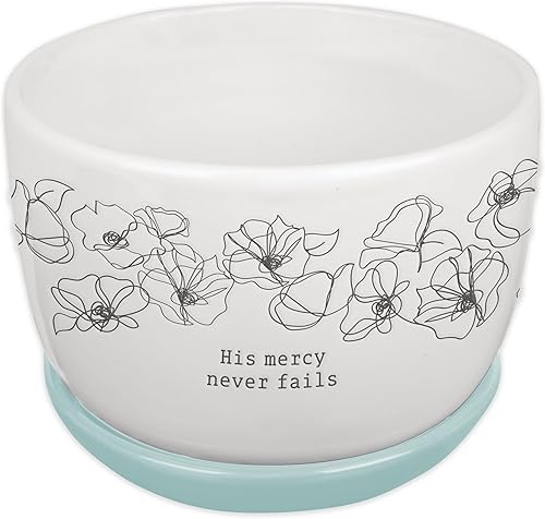 Christian Art Gifts Maceta de cerámica blanca con versículo bíblico con bandeja de platillo para mujer His Mercy Never Fails, bonita floral para