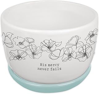 Christian Art Gifts White Ceramic Table Top Bible Verse Planter Pot w/Saucer Tray for Women: His Mercy Never Fails - Cute Indoor/Outdoor Floral w/Drainage Hole for Plants, Home & Flowers, White/Blue