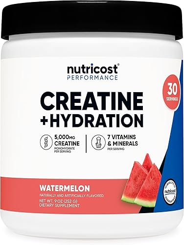 Nutricost Monohidrato de creatina + hidratación con sabor a sandía (30 porciones)  7 vitaminas y minerales, 5000 mg de creatina por porción
