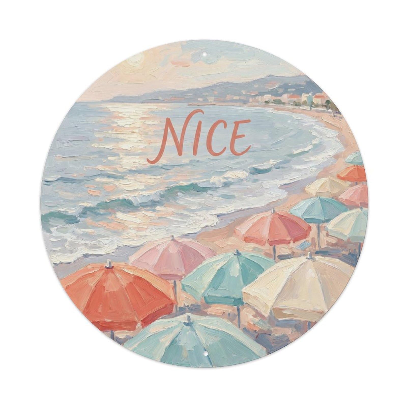 Beach Umbrellas Nice France Impressionist Seaside Travel Metal Tin Sign Plaque Wall Decor for Cafe, Man Cave, Club Bar, Office, Home Garden Round Metal Poster 8x8Inch