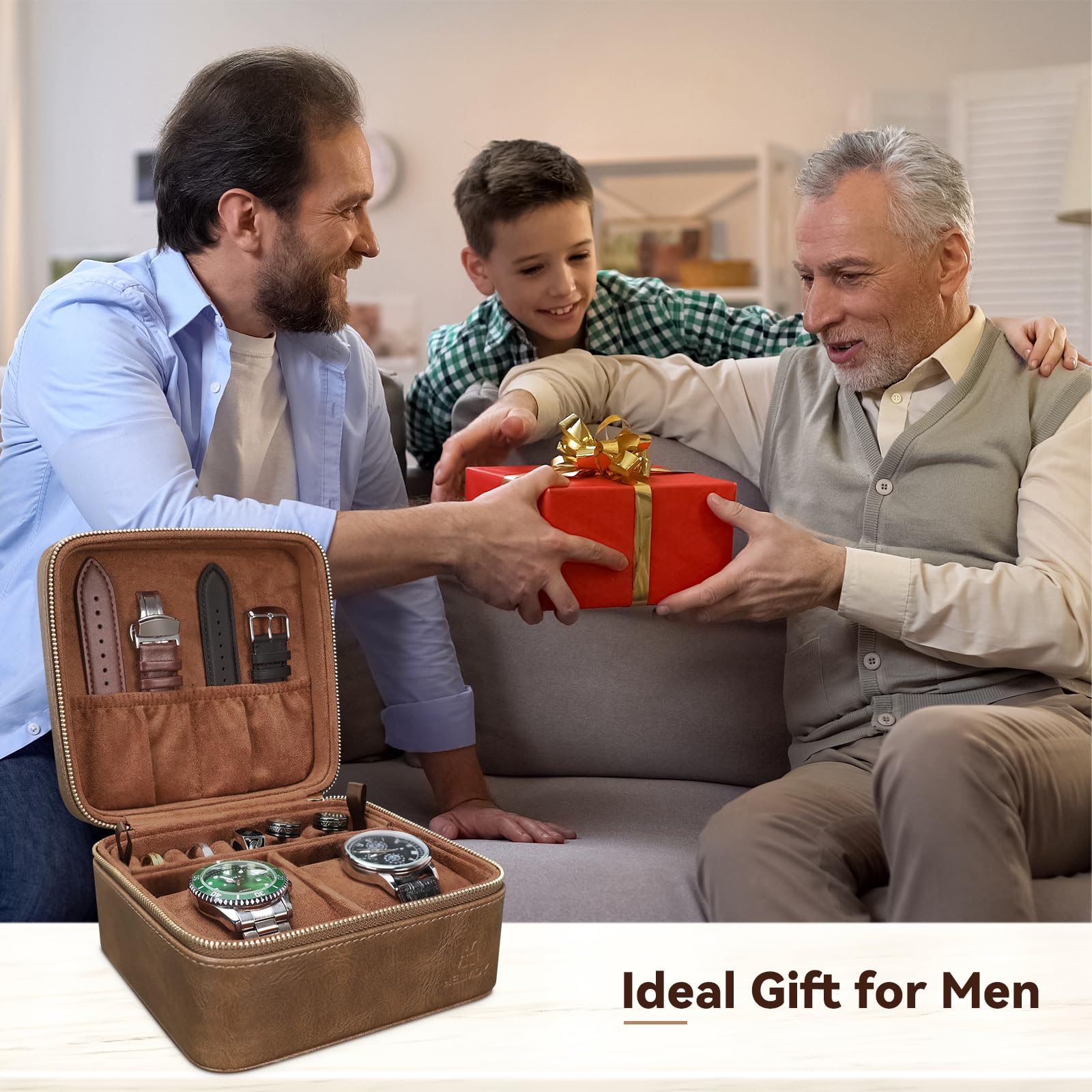 Custodia da viaggio con 2 scomparti per orologi, con scomparto per accessori, collane, anelli, gemelli, custodia portatile da viaggio in pelle PU con cerniera, ideale come regalo (marrone)