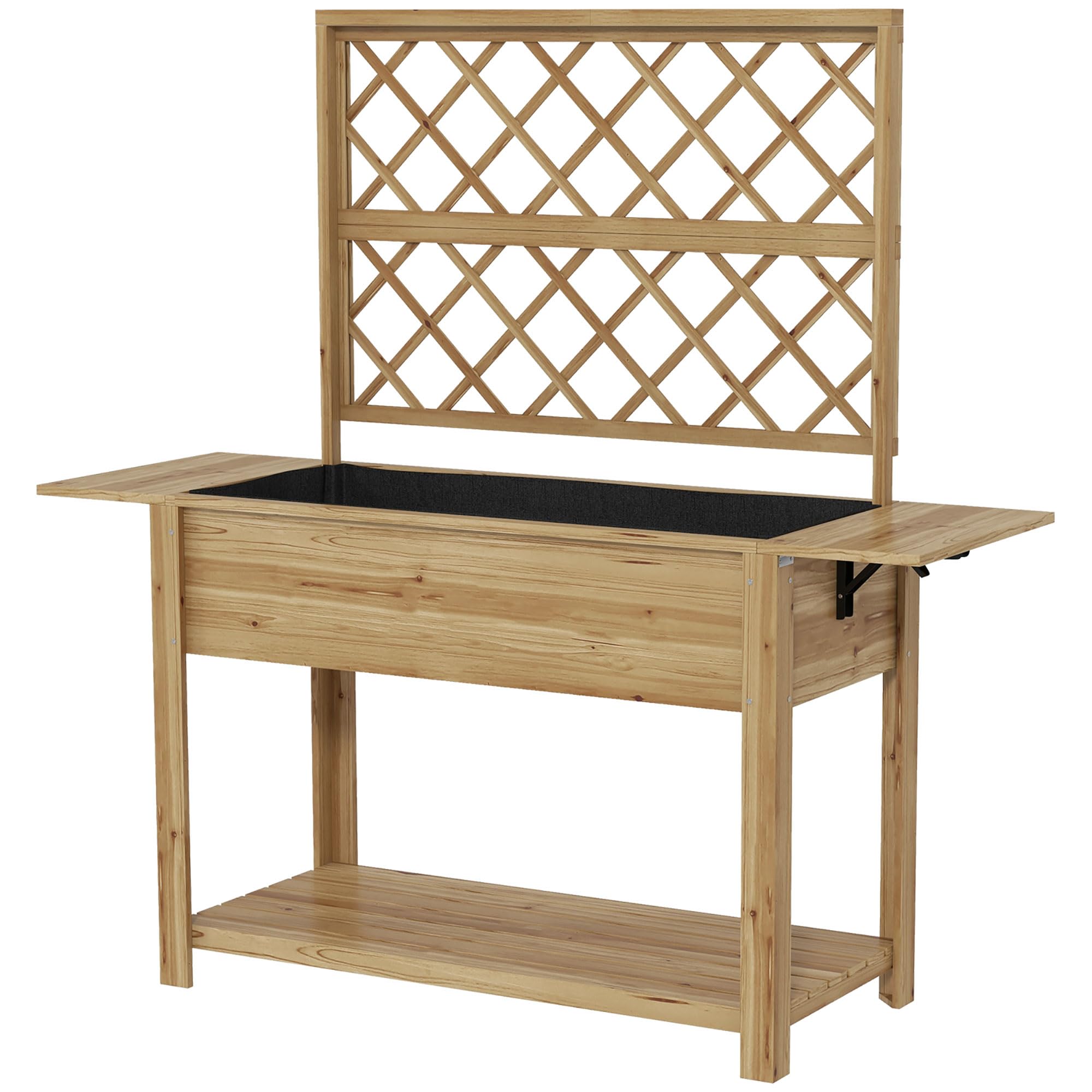 Outsunny - Jardinera rectangular con patas enrejado, 140 x 45 x 151 cm | Huerto elevado, 1 estante inferior, 2 estantes laterales abatibles, madera
